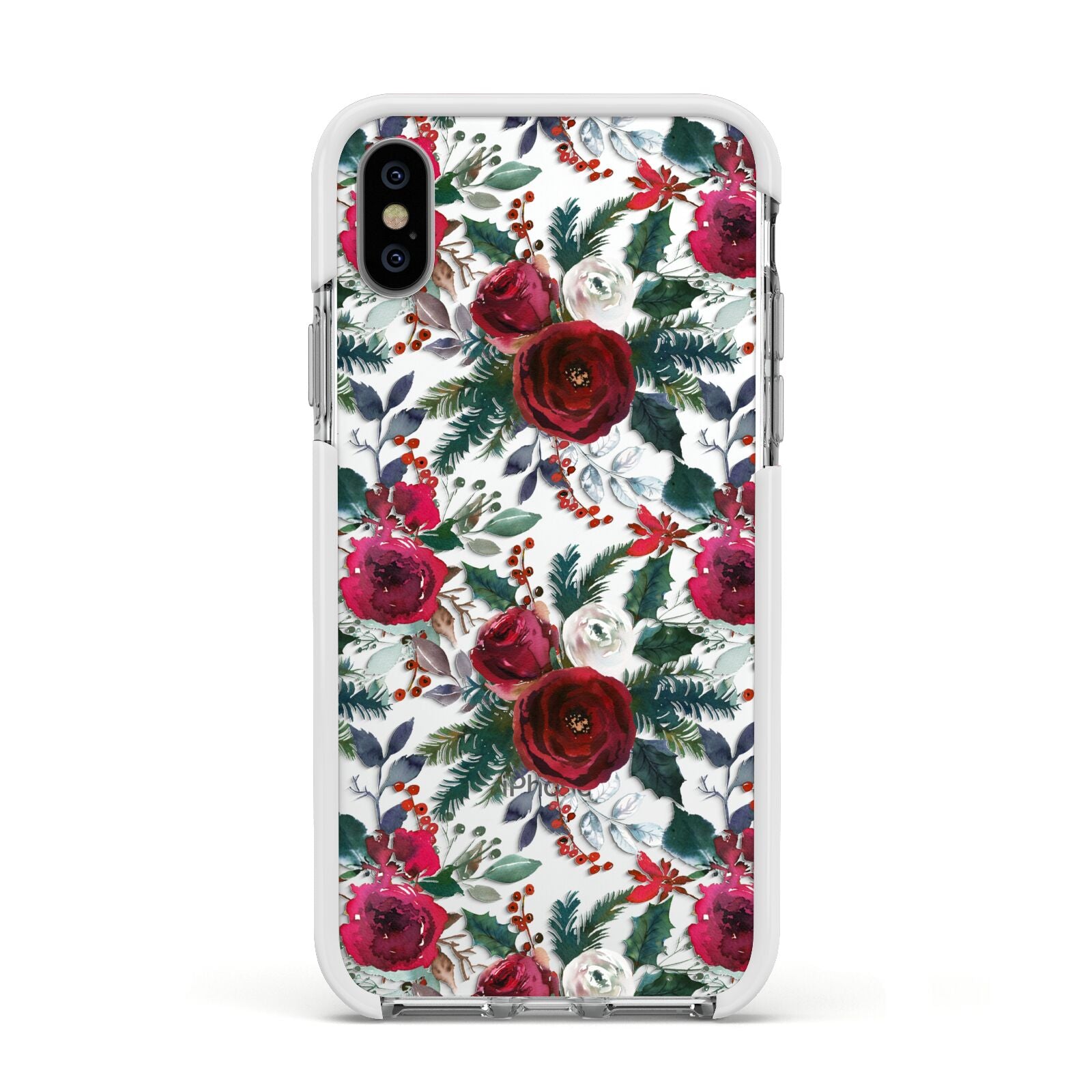 Christmas Floral Pattern Apple iPhone Xs Impact Case White Edge on Silver Phone