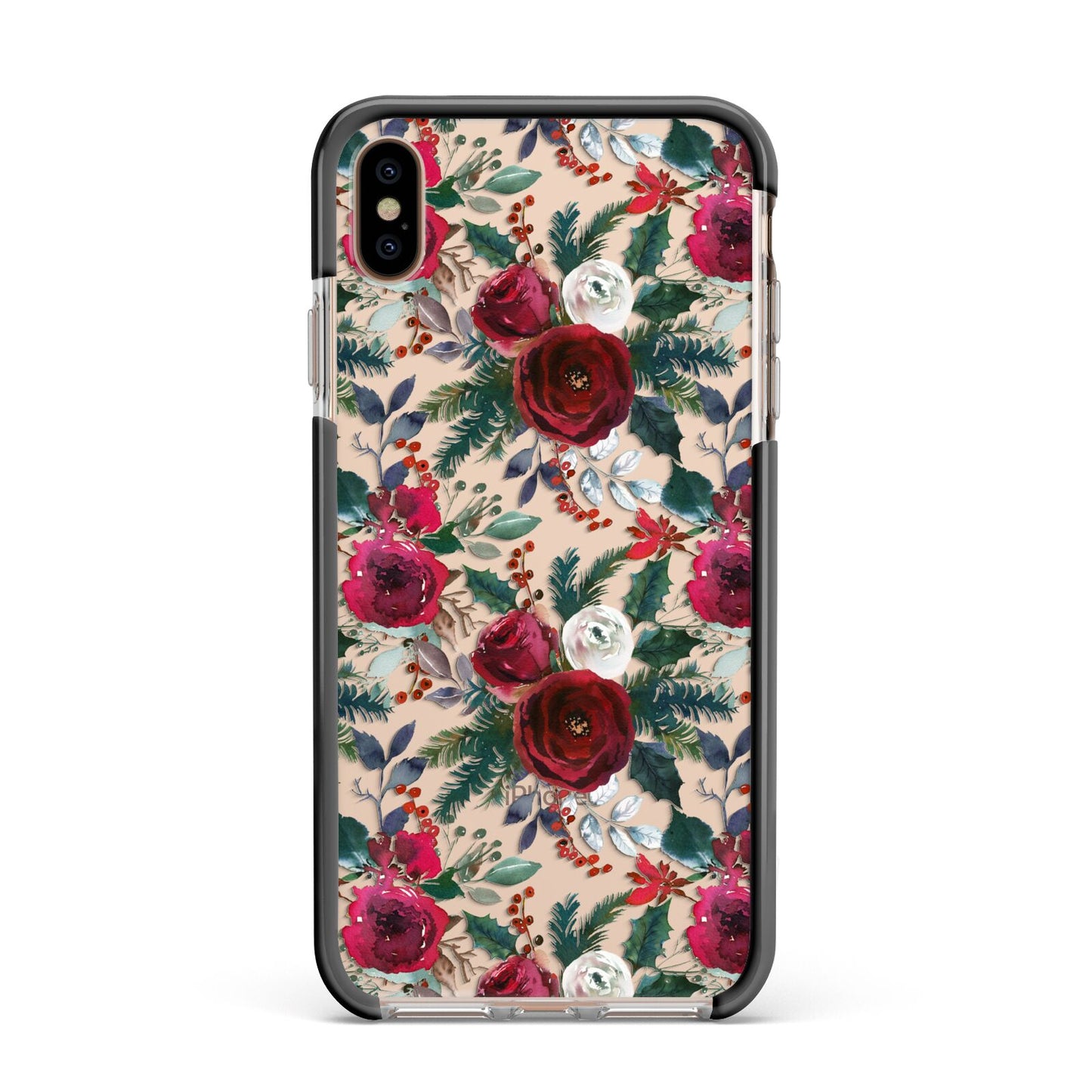 Christmas Floral Pattern Apple iPhone Xs Max Impact Case Black Edge on Gold Phone
