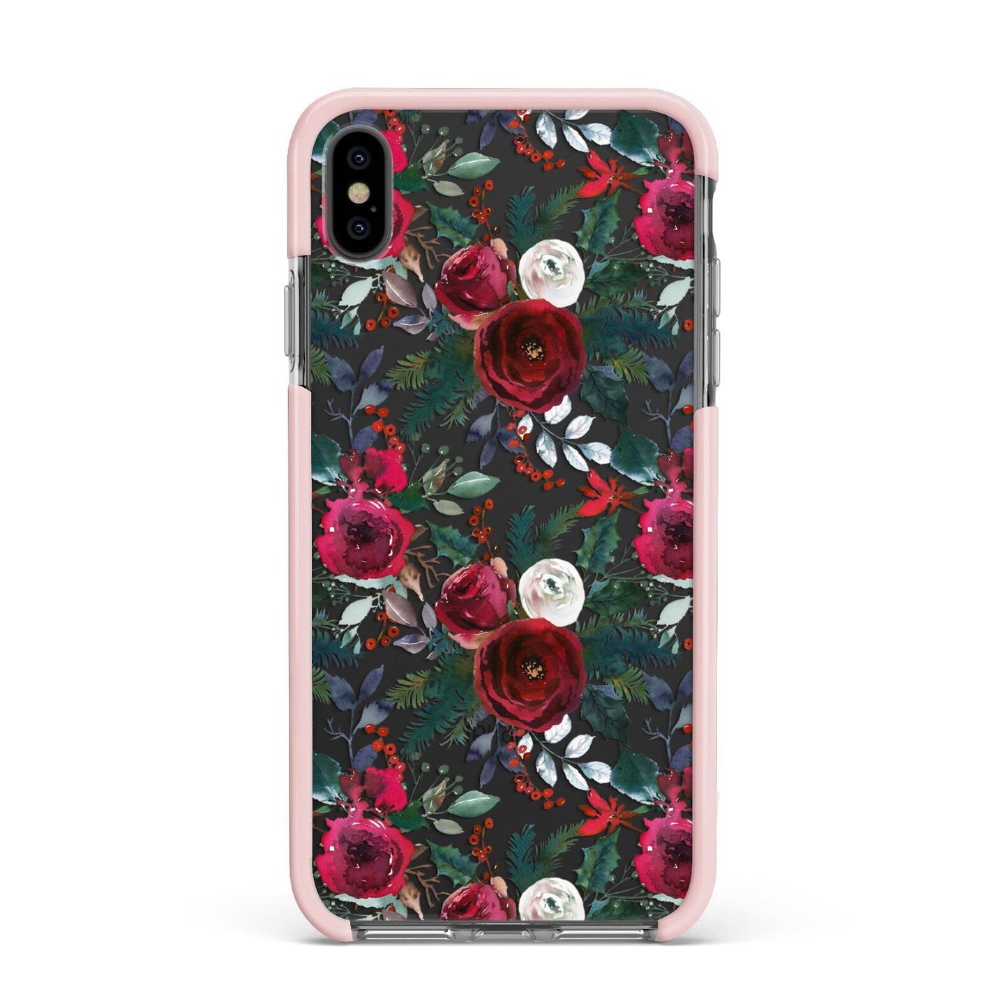 Christmas Floral Pattern Apple iPhone Xs Max Impact Case Pink Edge on Black Phone