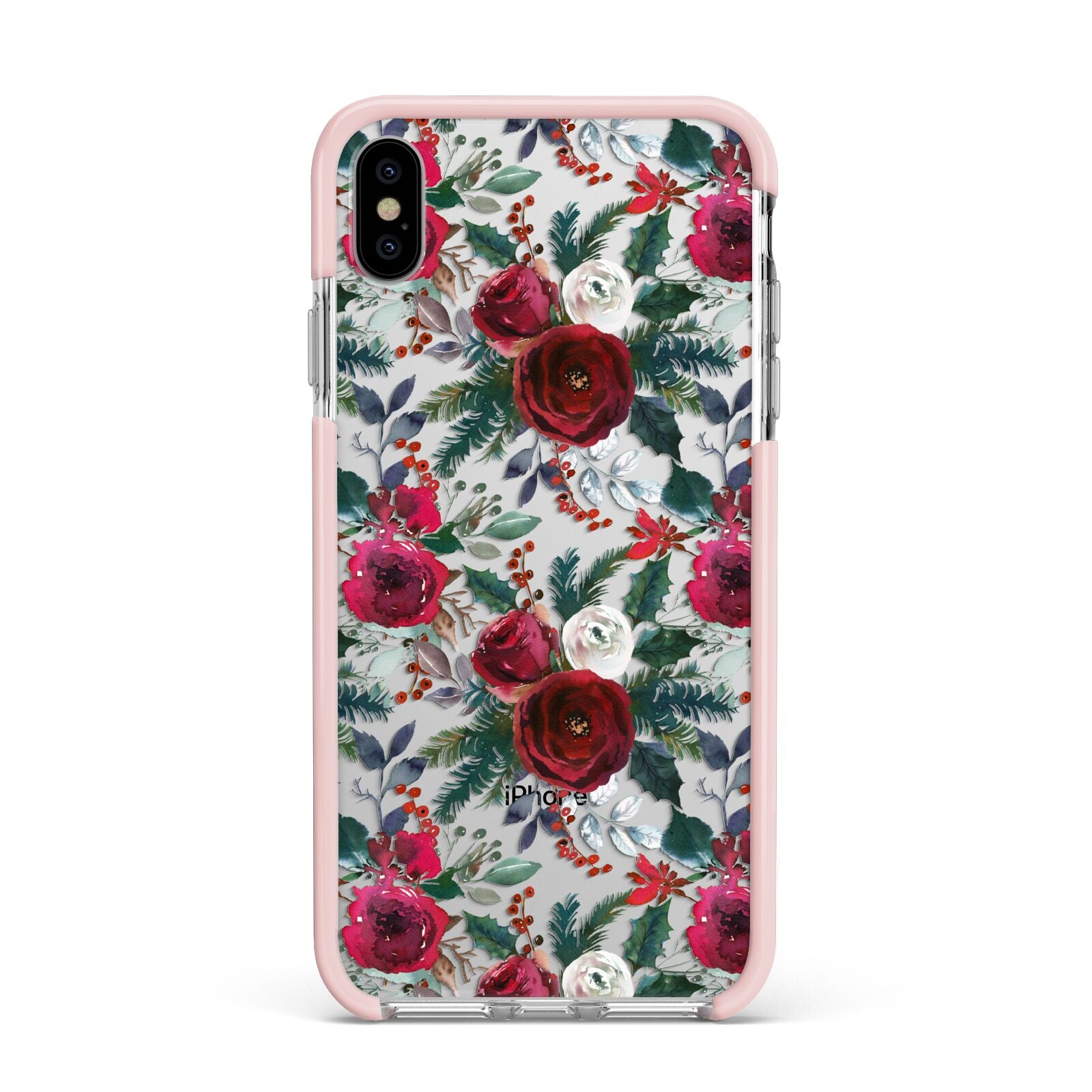 Christmas Floral Pattern Apple iPhone Xs Max Impact Case Pink Edge on Silver Phone