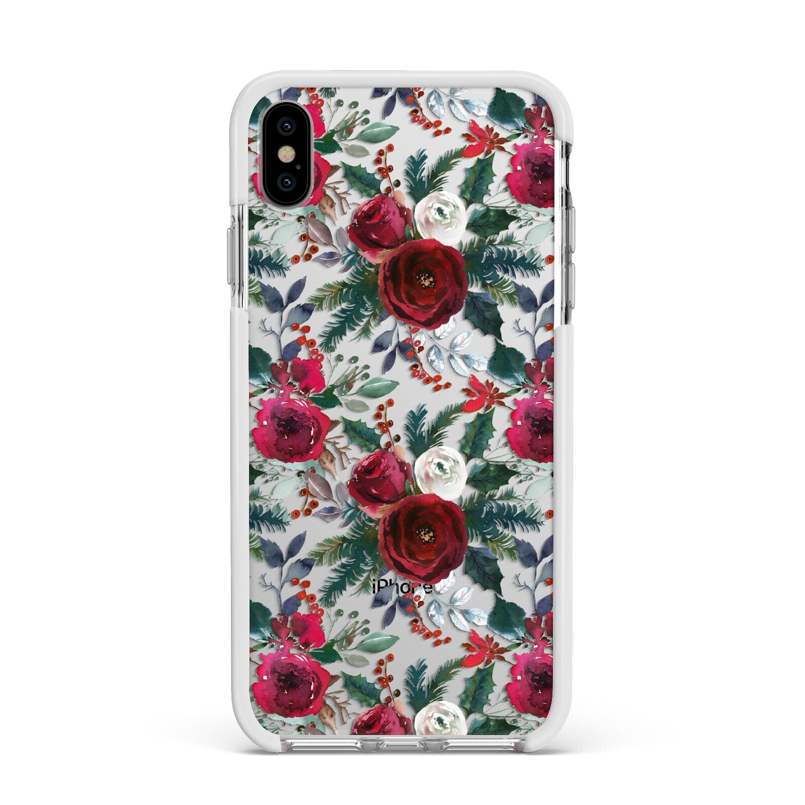 Christmas Floral Pattern Apple iPhone Xs Max Impact Case White Edge on Silver Phone