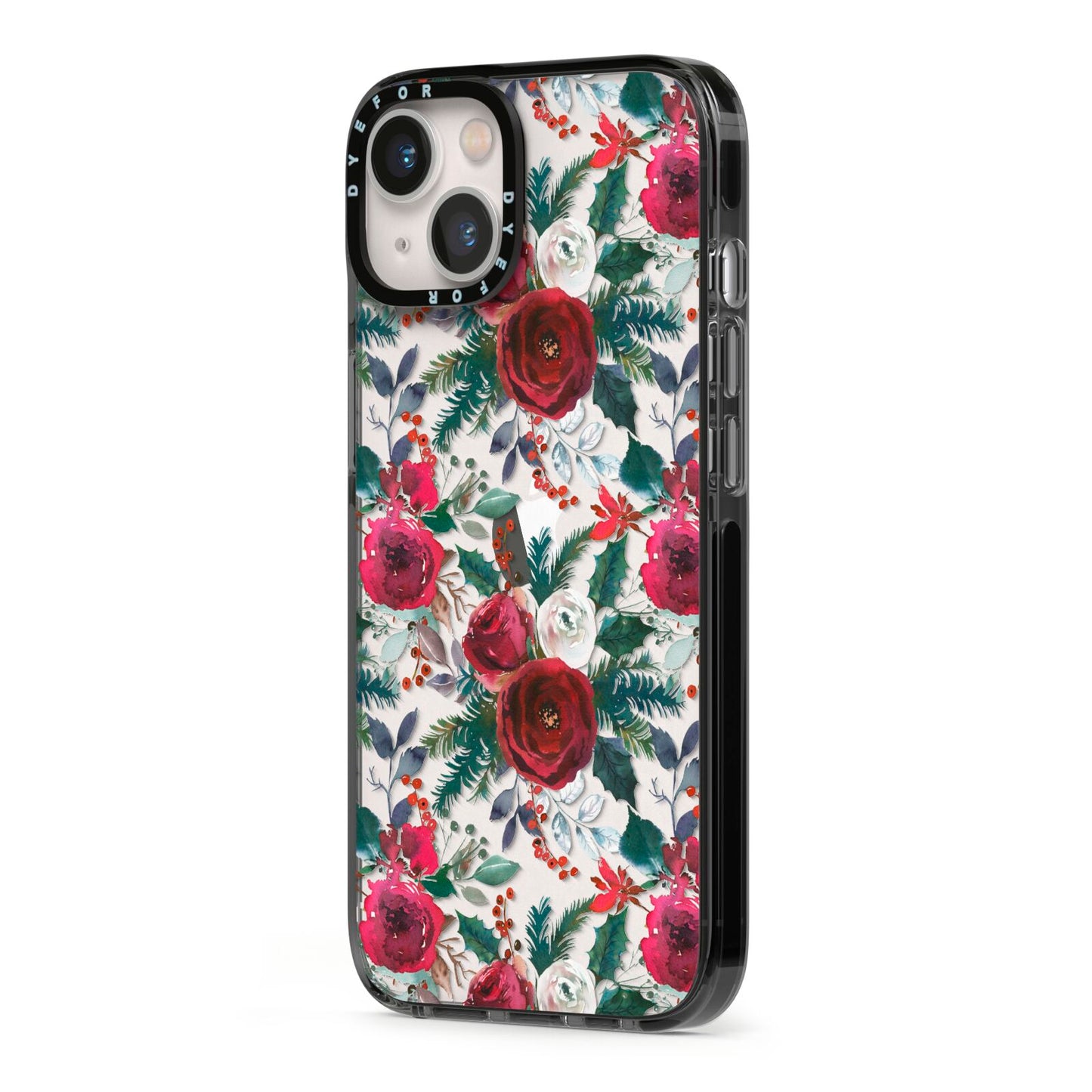 Christmas Floral Pattern iPhone 13 Black Impact Case Side Angle on Silver phone