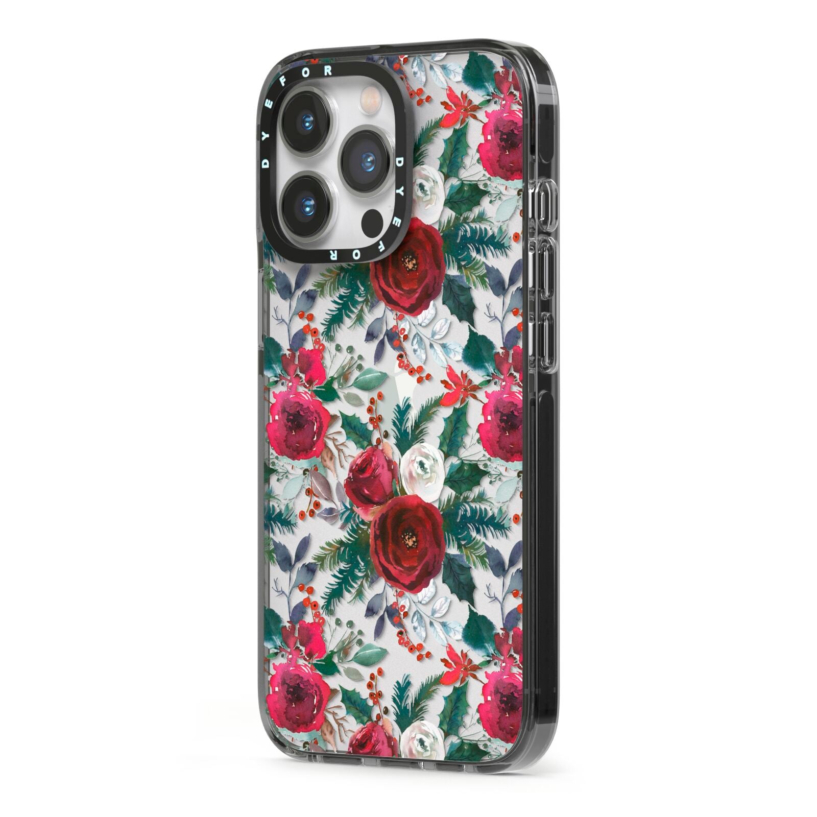 Christmas Floral Pattern iPhone 13 Pro Black Impact Case Side Angle on Silver phone
