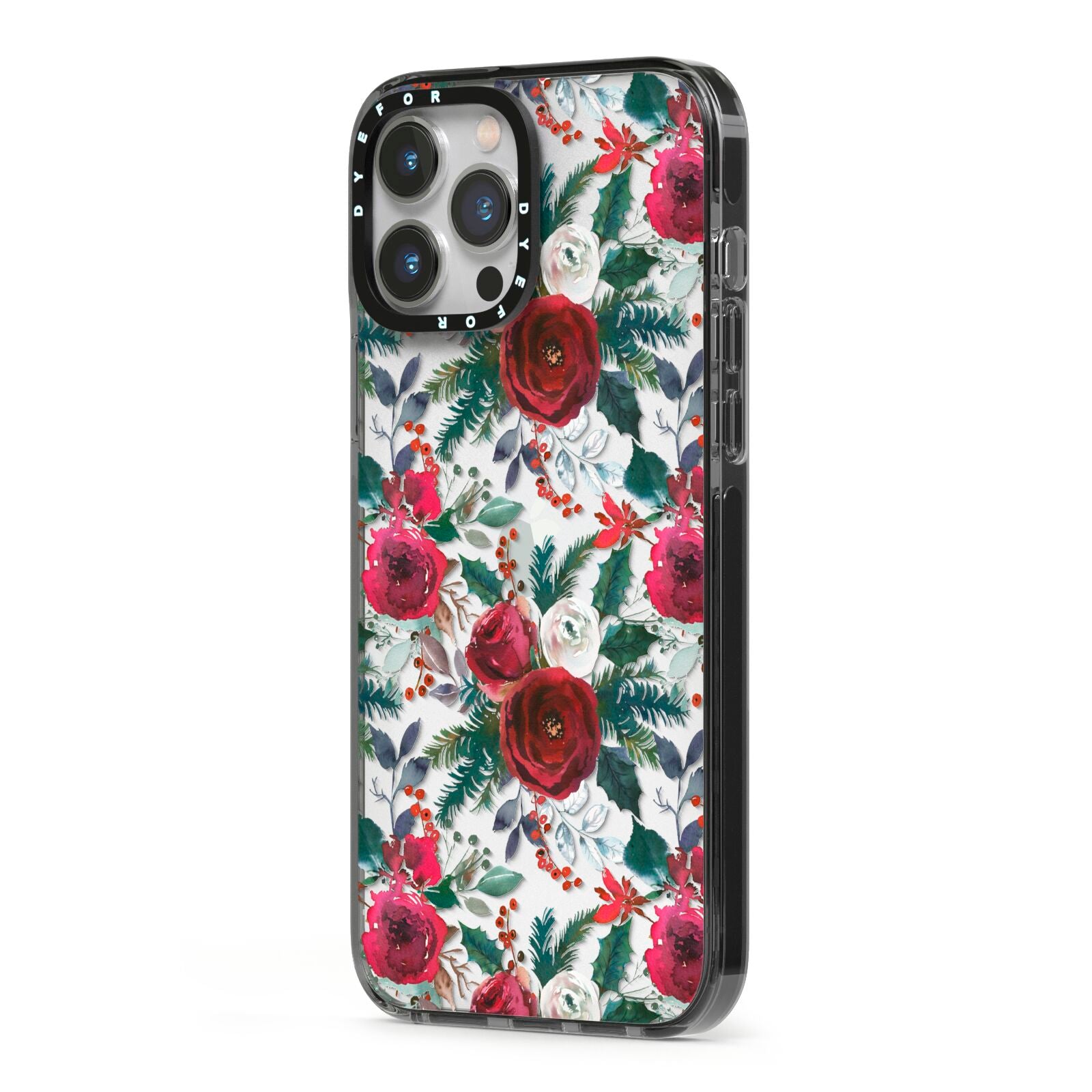 Christmas Floral Pattern iPhone 13 Pro Max Black Impact Case Side Angle on Silver phone