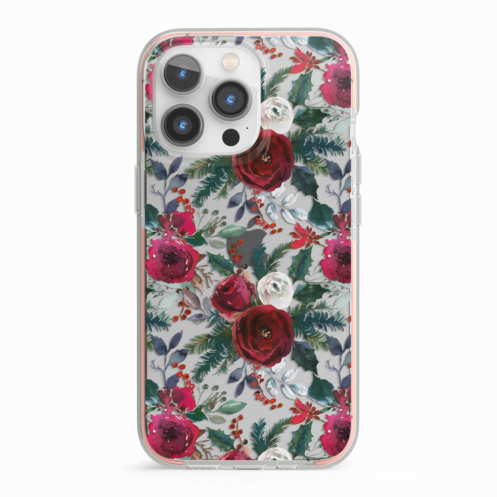 Christmas Floral Pattern iPhone 13 Pro TPU Impact Case with Pink Edges