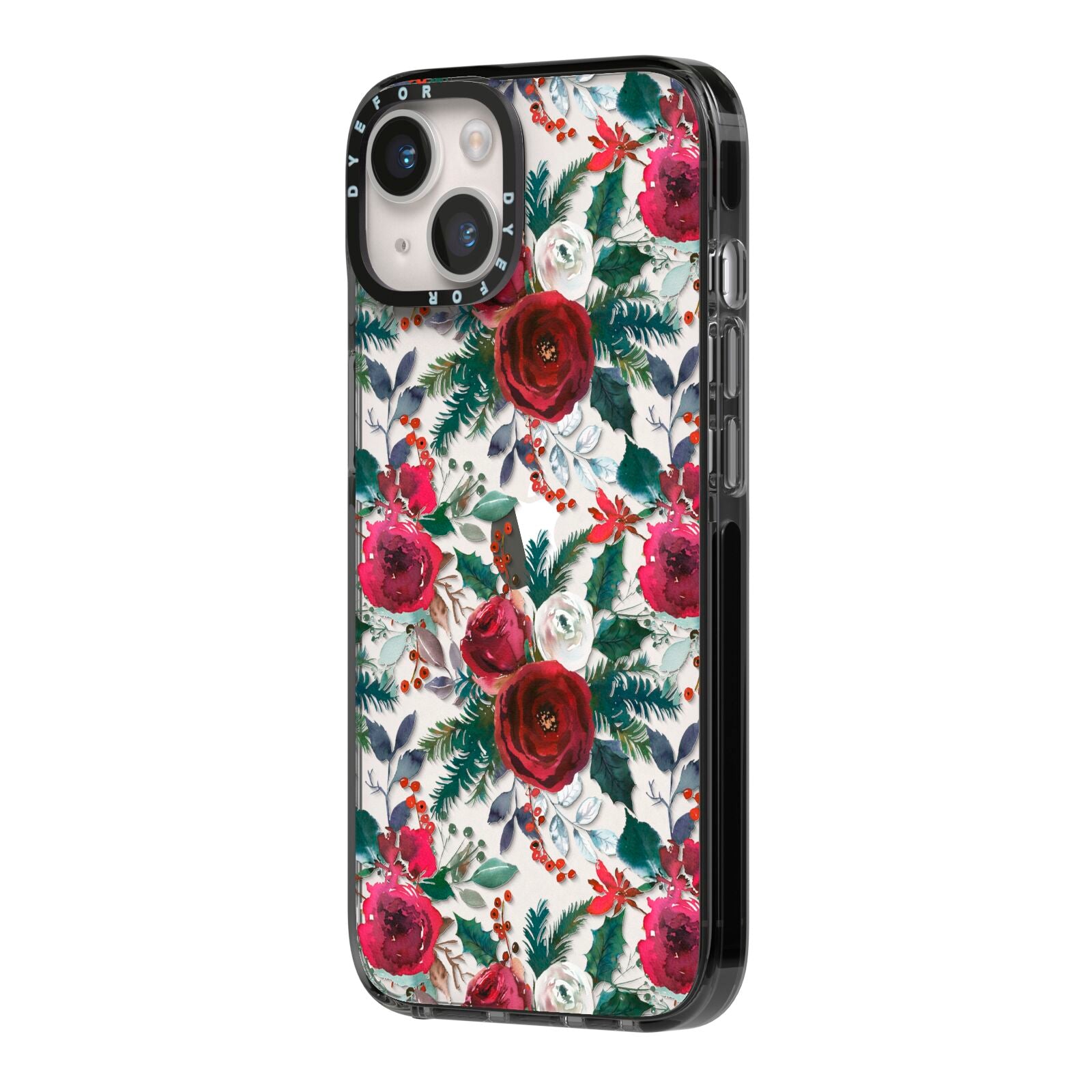 Christmas Floral Pattern iPhone 14 Black Impact Case Side Angle on Silver phone