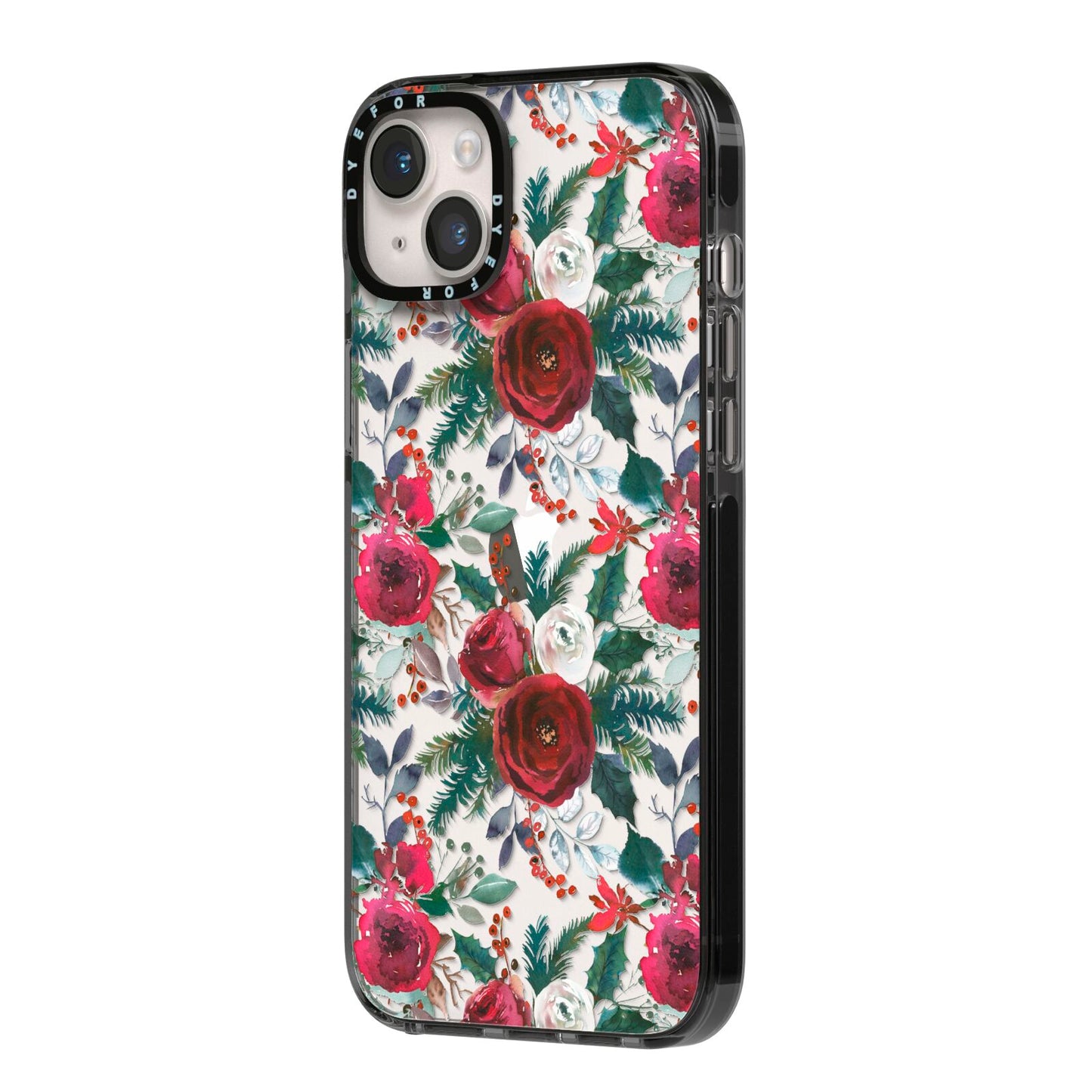Christmas Floral Pattern iPhone 14 Plus Black Impact Case Side Angle on Silver phone