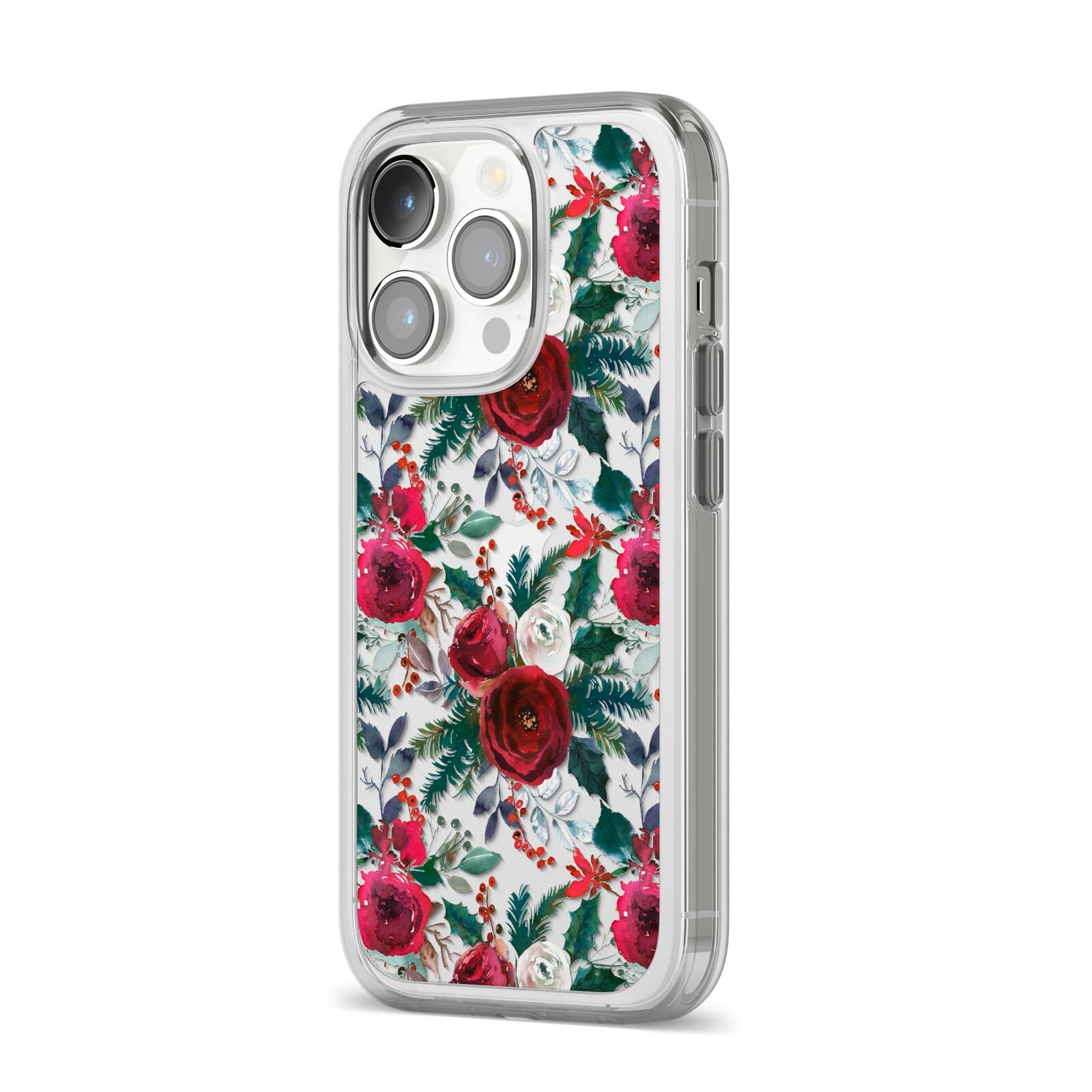 Christmas Floral Pattern iPhone 14 Pro Clear Tough Case Silver Angled Image