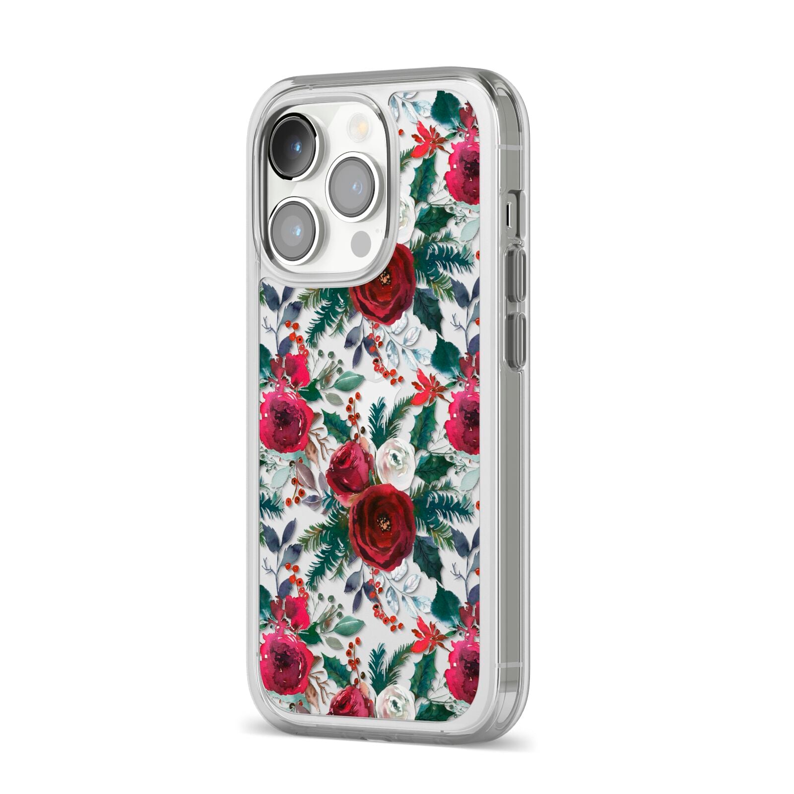 Christmas Floral Pattern iPhone 14 Pro Clear Tough Case Silver Angled Image
