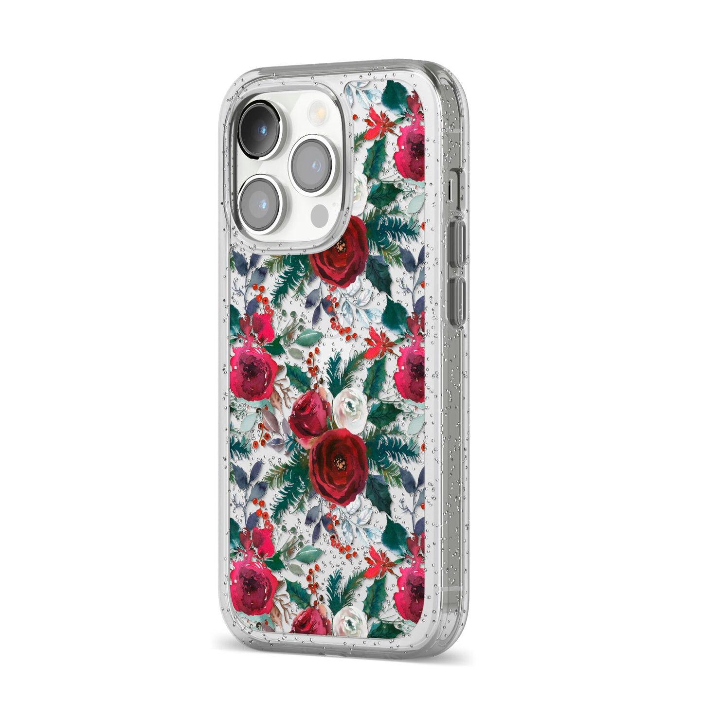 Christmas Floral Pattern iPhone 14 Pro Glitter Tough Case Silver Angled Image