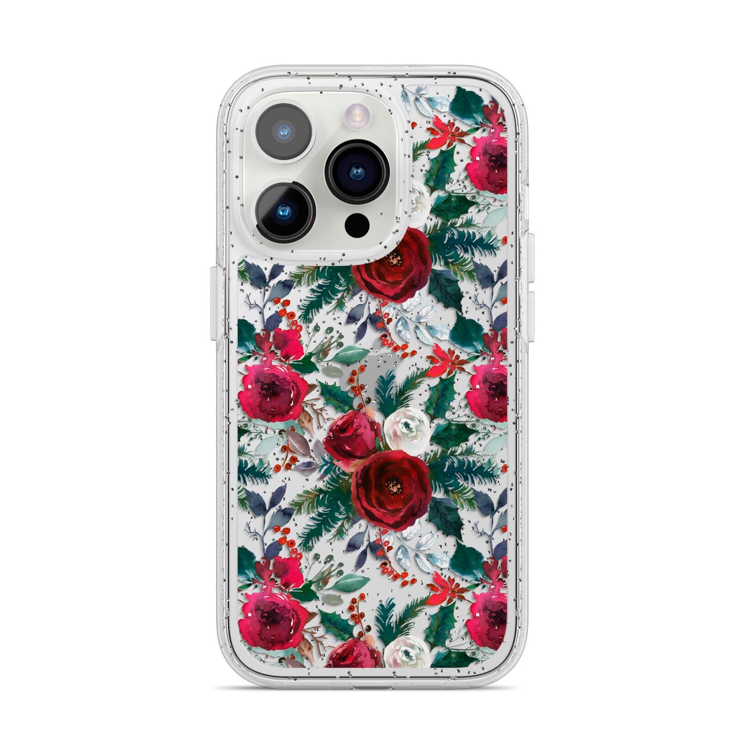 Christmas Floral Pattern iPhone 14 Pro Glitter Tough Case Silver