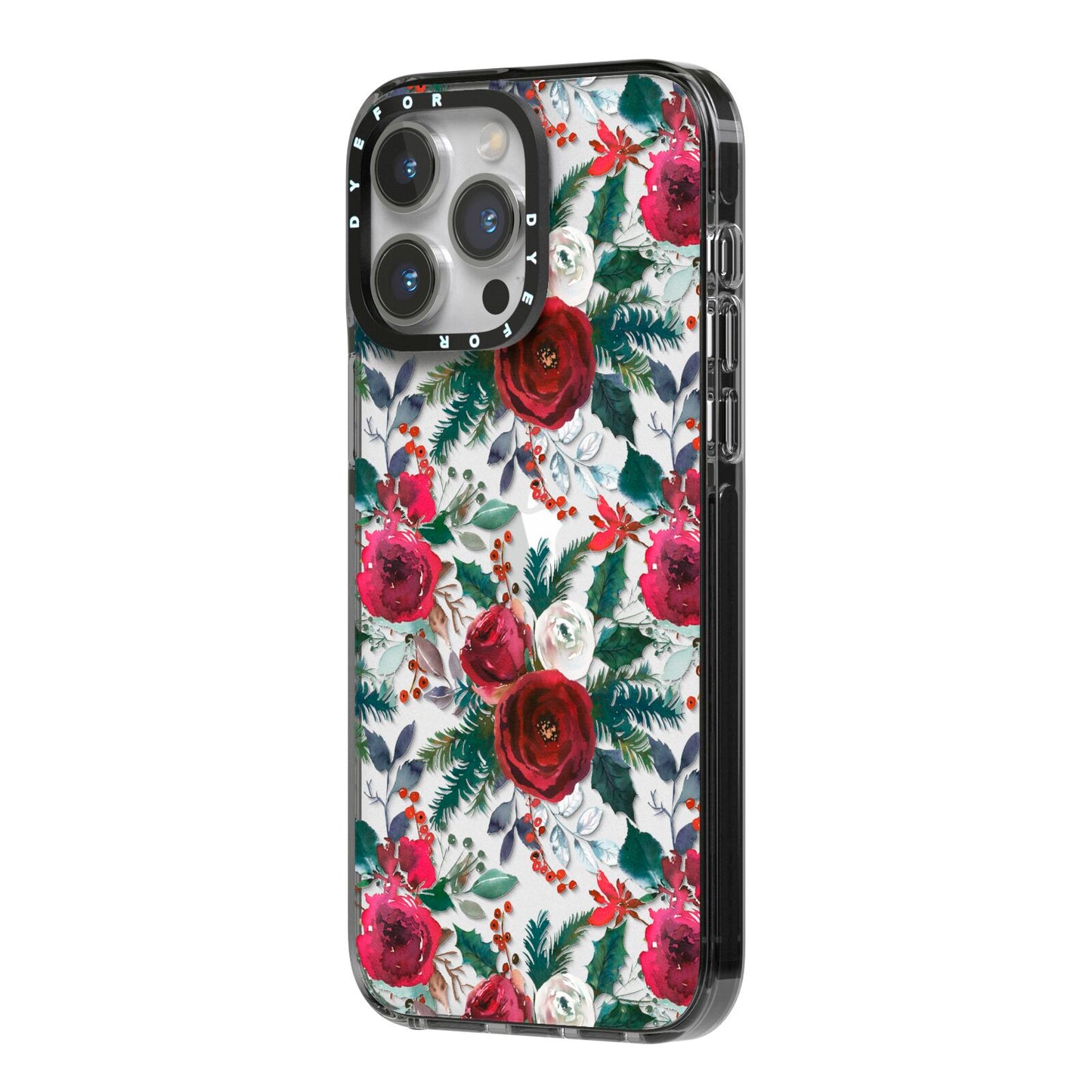 Christmas Floral Pattern iPhone 14 Pro Max Black Impact Case Side Angle on Silver phone
