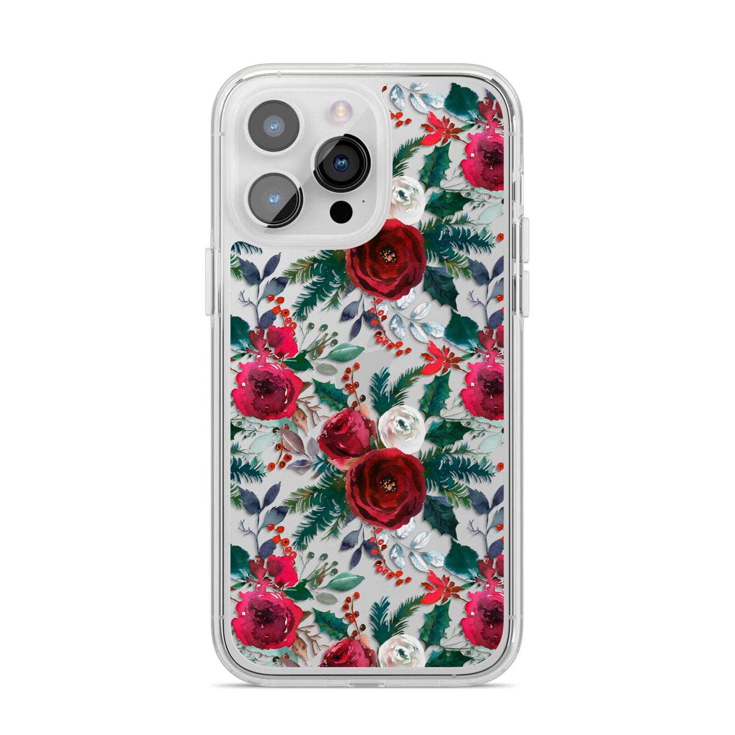 Christmas Floral Pattern iPhone 14 Pro Max Clear Tough Case Silver