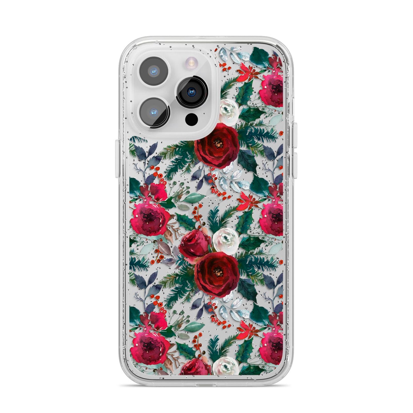 Christmas Floral Pattern iPhone 14 Pro Max Glitter Tough Case Silver