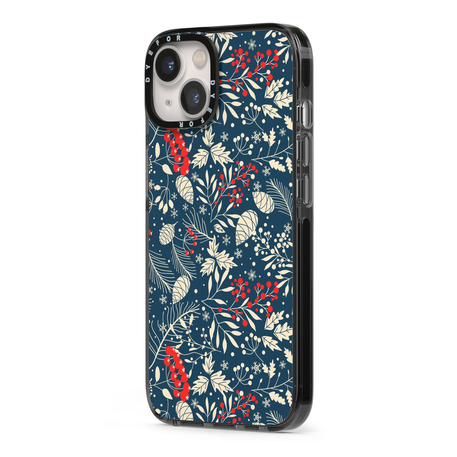 Christmas Floral iPhone 13 Black Impact Case Side Angle on Silver phone