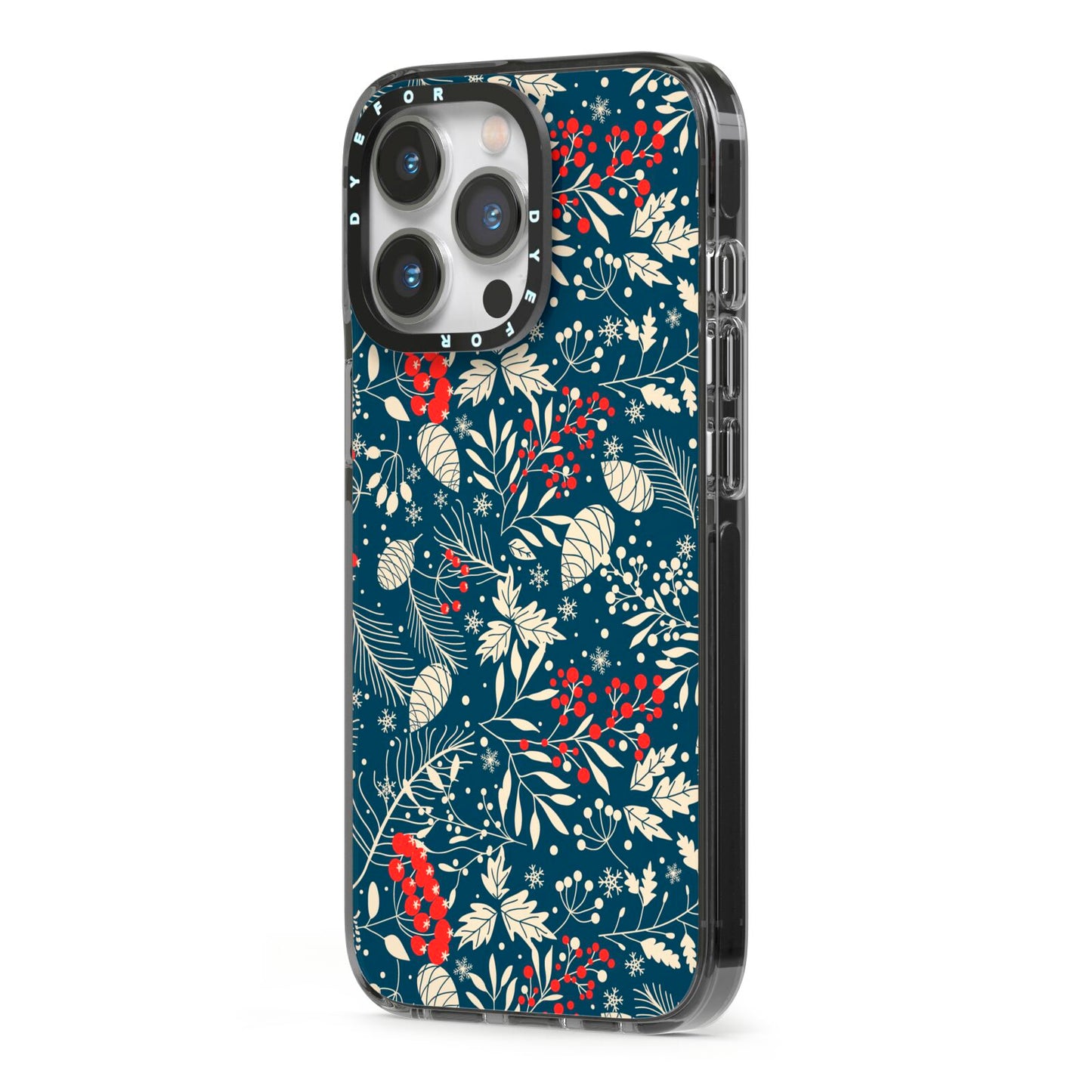 Christmas Floral iPhone 13 Pro Black Impact Case Side Angle on Silver phone