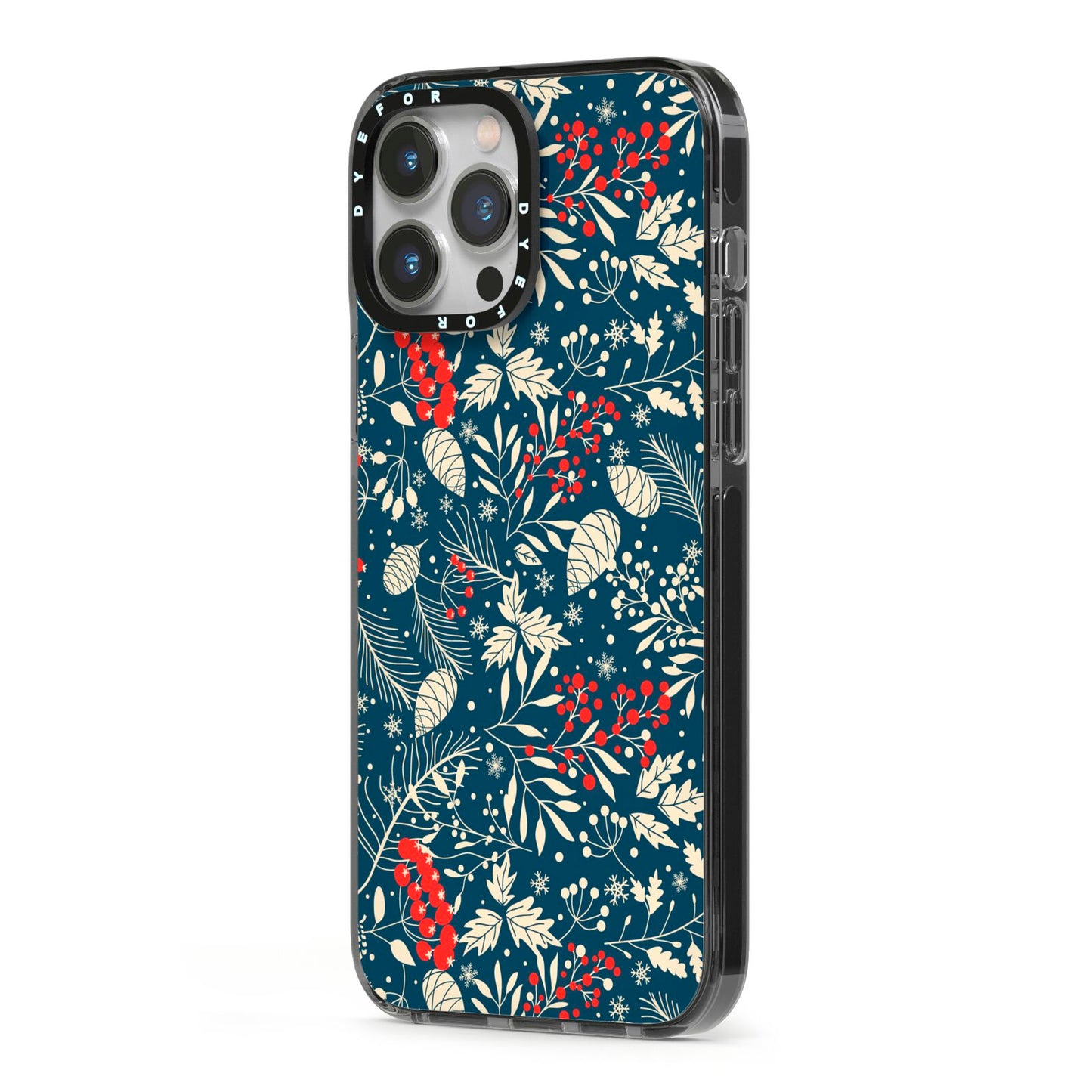 Christmas Floral iPhone 13 Pro Max Black Impact Case Side Angle on Silver phone