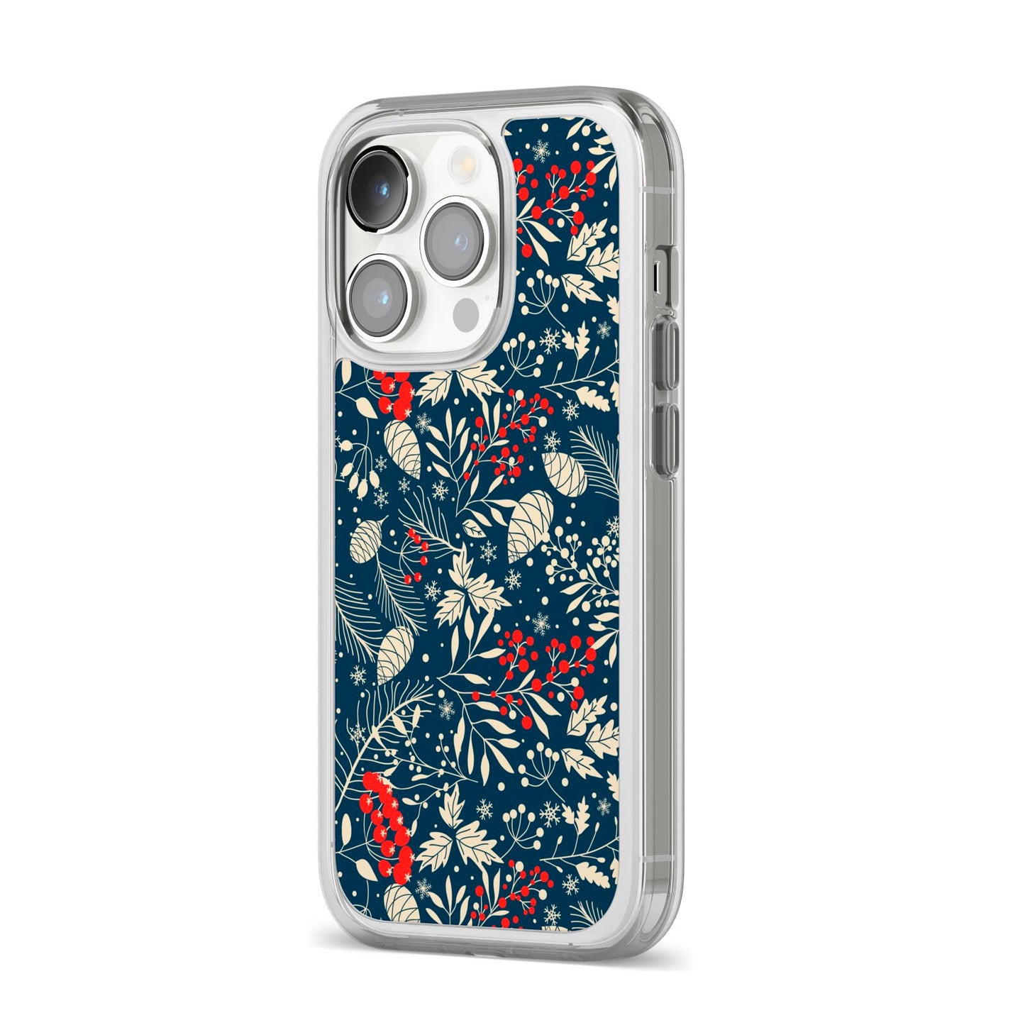 Christmas Floral iPhone 14 Pro Clear Tough Case Silver Angled Image