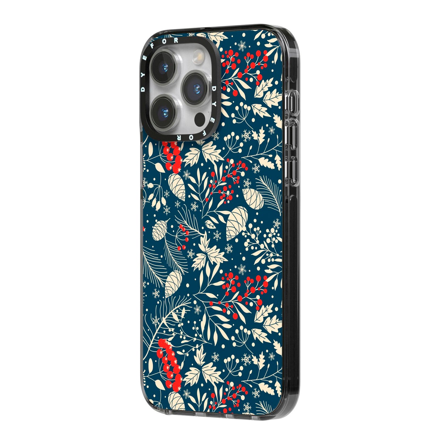 Christmas Floral iPhone 14 Pro Max Black Impact Case Side Angle on Silver phone