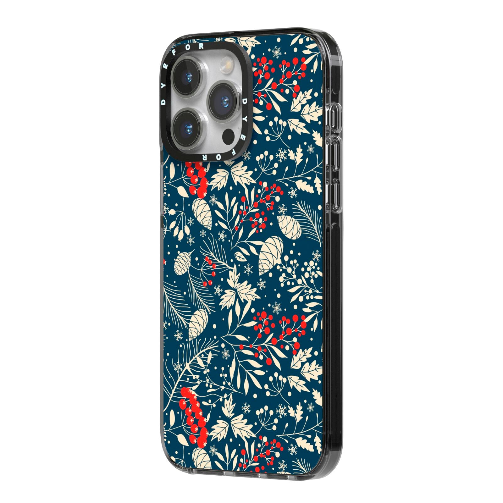 Christmas Floral iPhone 14 Pro Max Black Impact Case Side Angle on Silver phone