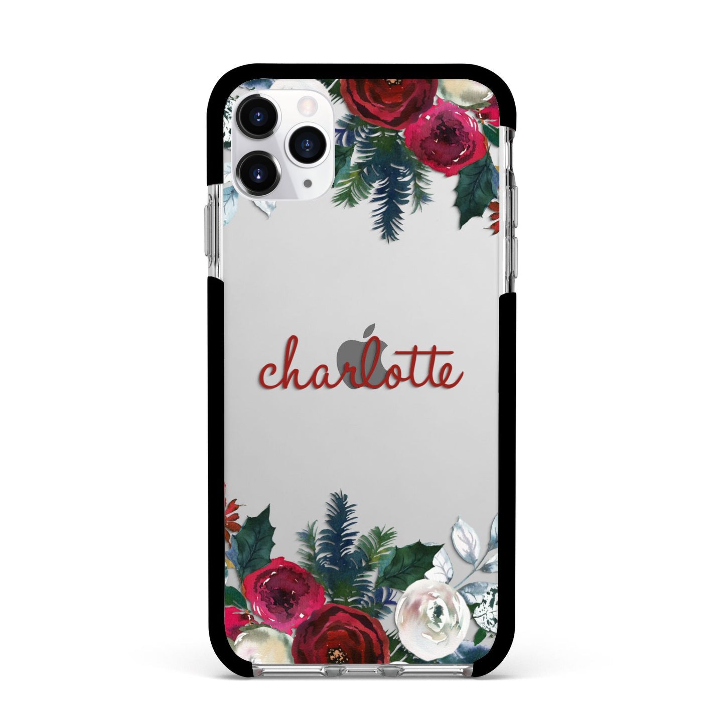 Christmas Flowers Personalised Apple iPhone 11 Pro Max in Silver with Black Impact Case