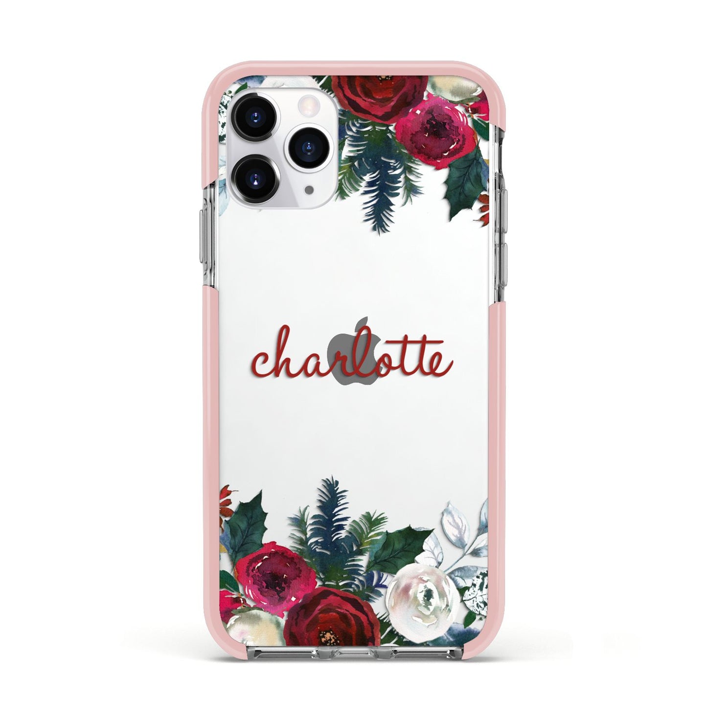 Christmas Flowers Personalised Apple iPhone 11 Pro in Silver with Pink Impact Case