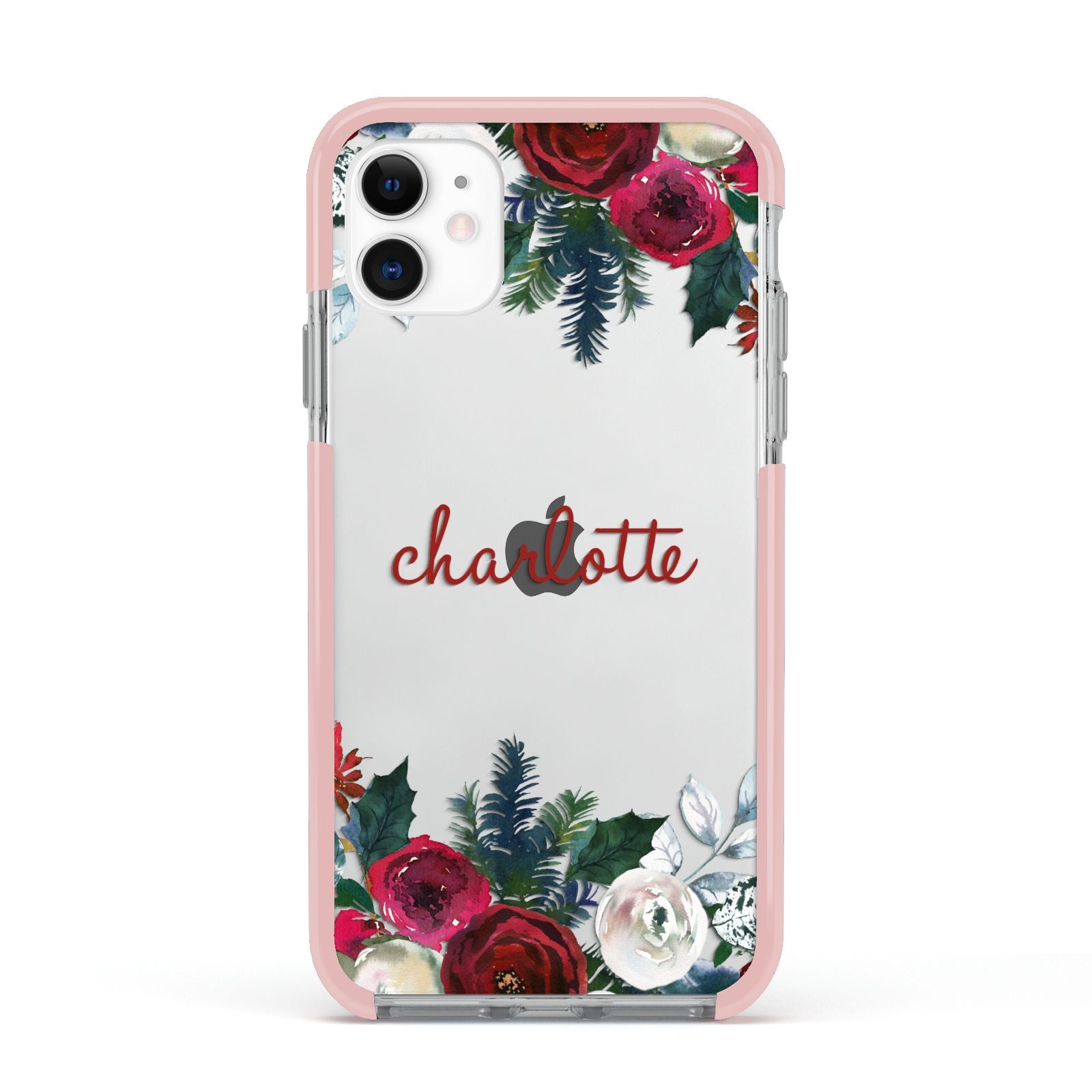 Christmas Flowers Personalised Apple iPhone 11 in White with Pink Impact Case