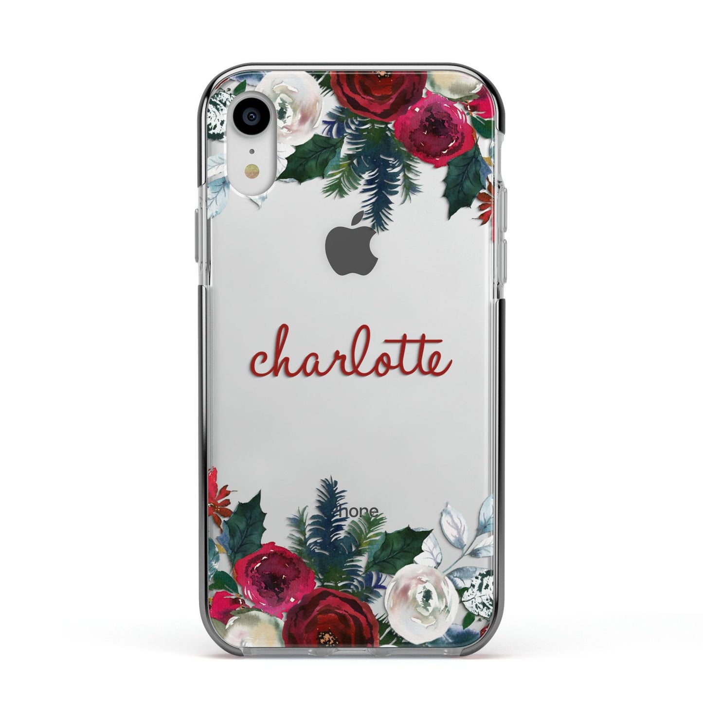 Christmas Flowers Personalised Apple iPhone XR Impact Case Black Edge on Silver Phone