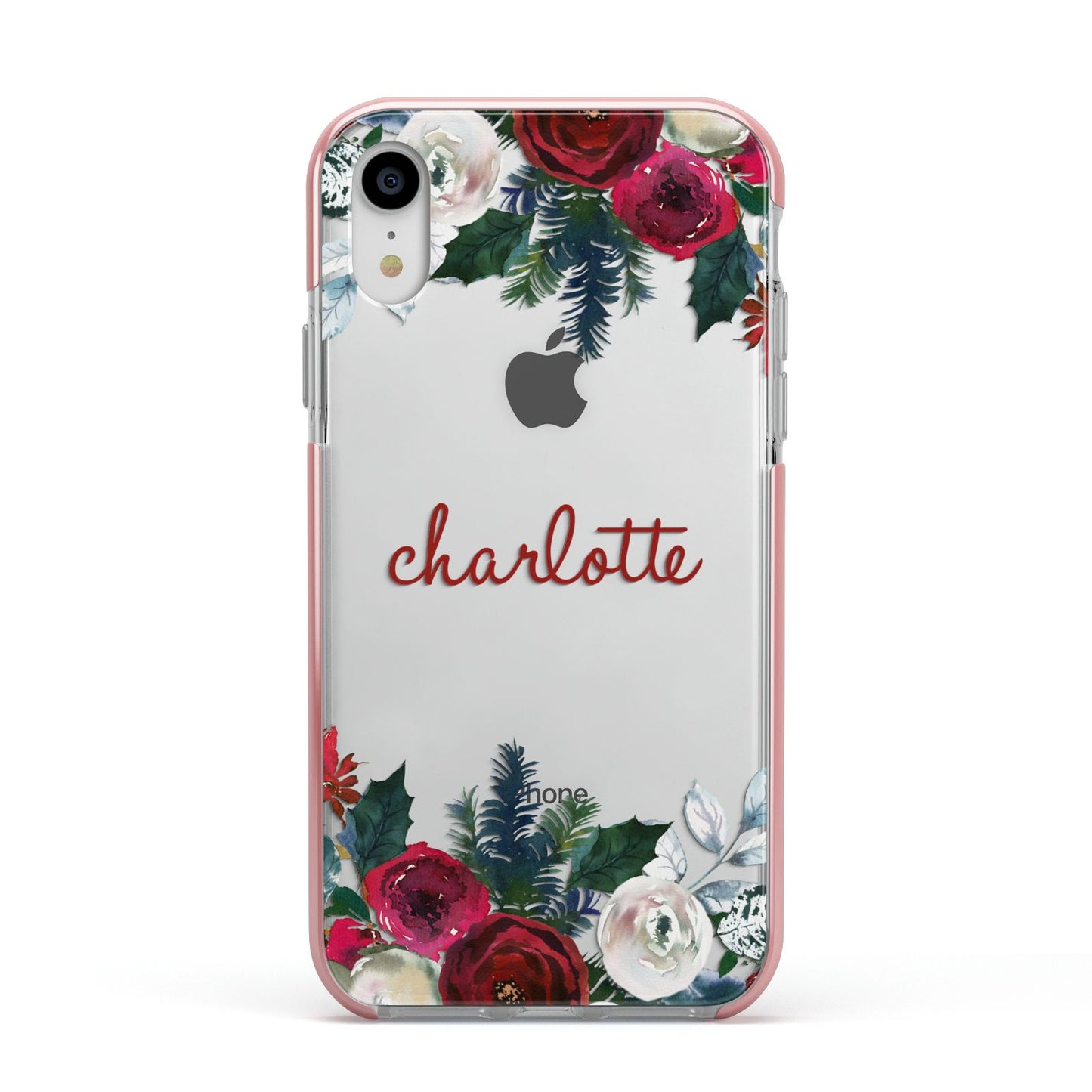 Christmas Flowers Personalised Apple iPhone XR Impact Case Pink Edge on Silver Phone