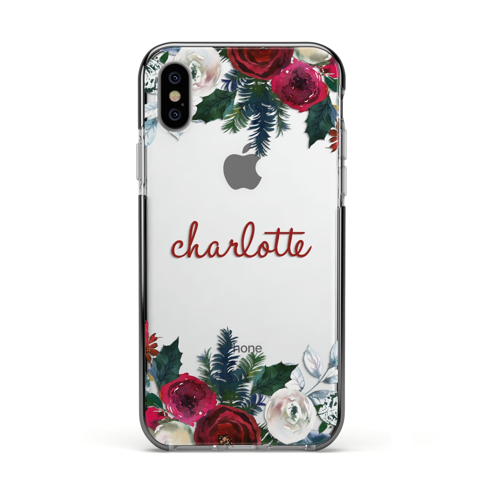 Christmas Flowers Personalised Apple iPhone Xs Impact Case Black Edge on Silver Phone
