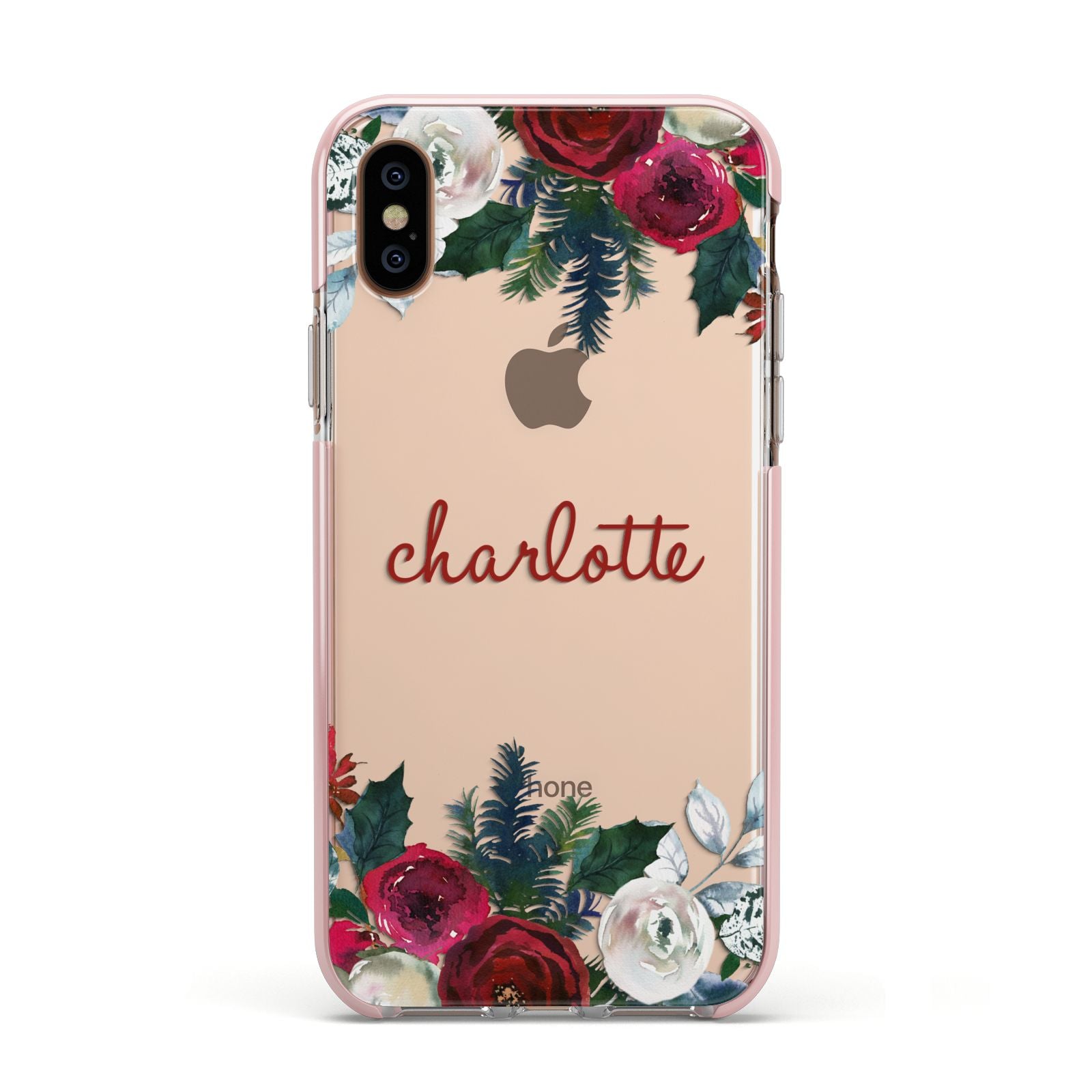 Christmas Flowers Personalised Apple iPhone Xs Impact Case Pink Edge on Gold Phone