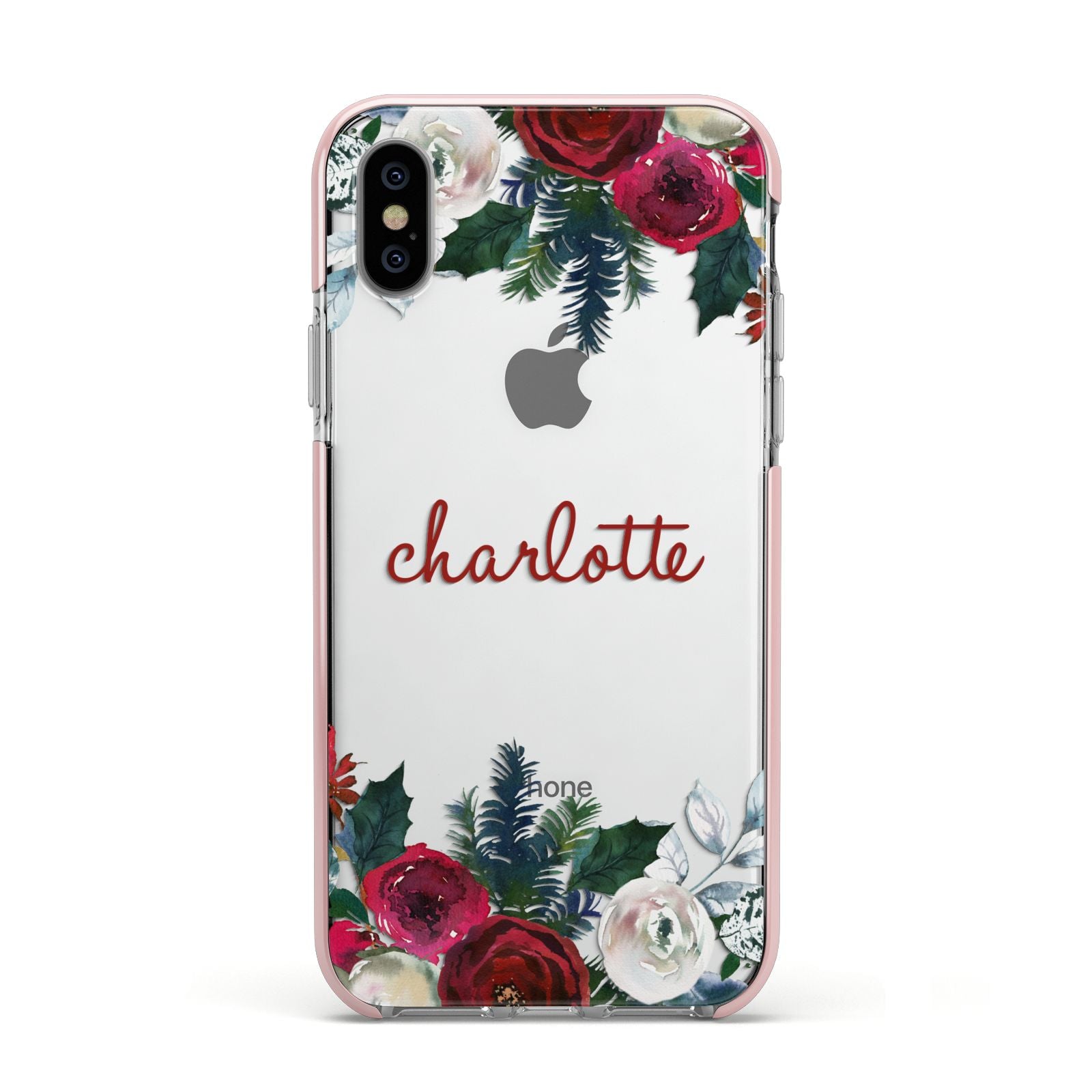 Christmas Flowers Personalised Apple iPhone Xs Impact Case Pink Edge on Silver Phone