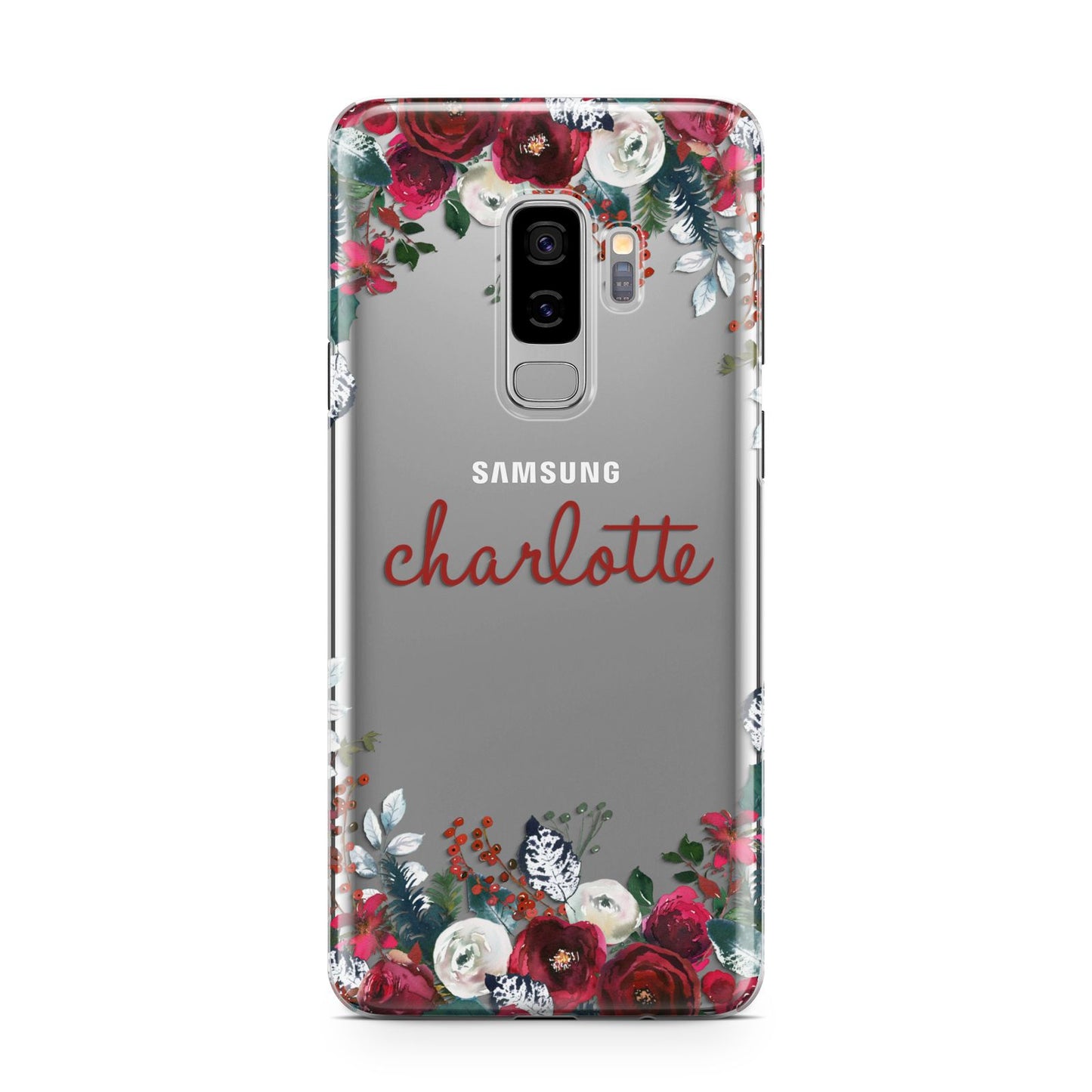 Christmas Flowers Personalised Samsung Galaxy S9 Plus Case on Silver phone