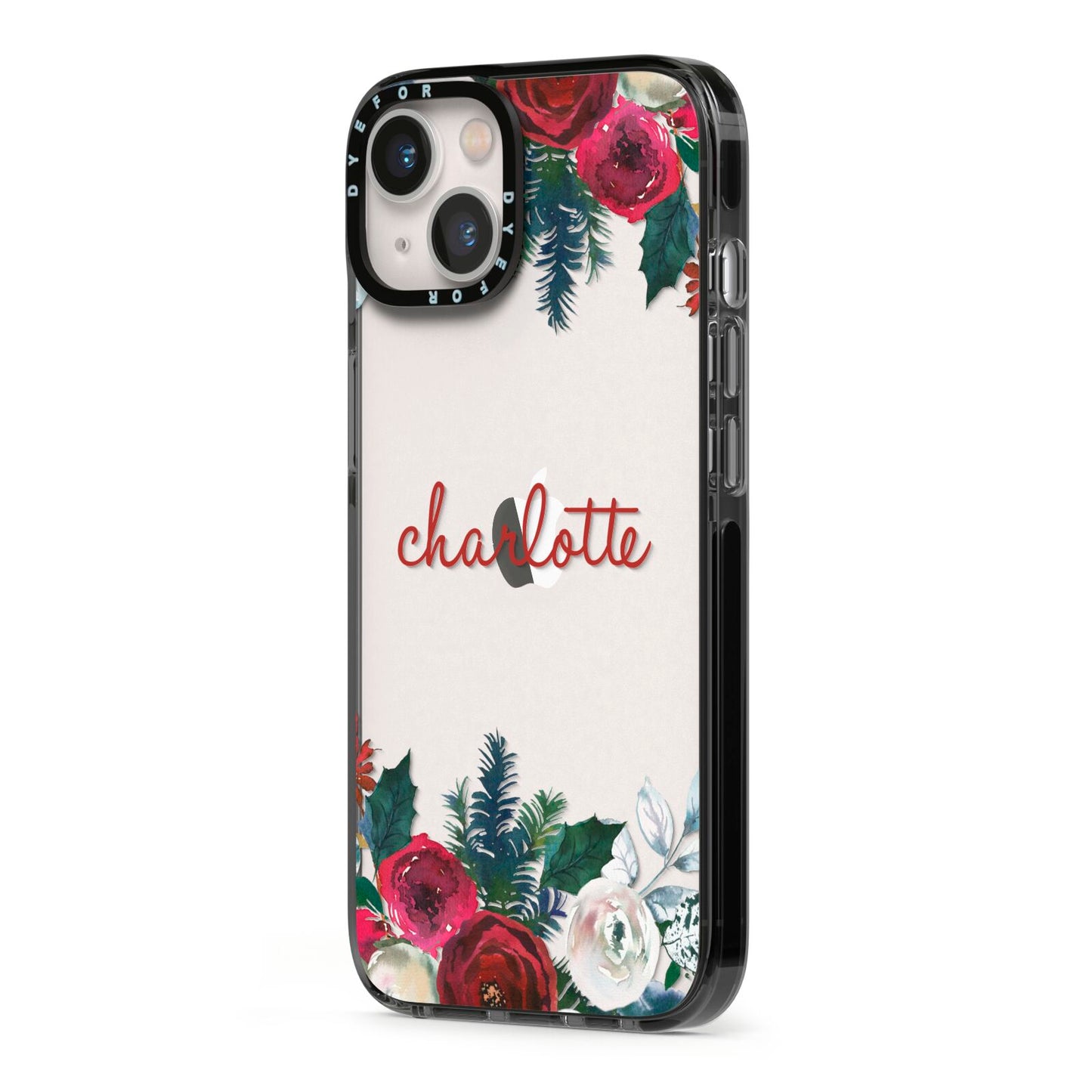 Christmas Flowers Personalised iPhone 13 Black Impact Case Side Angle on Silver phone