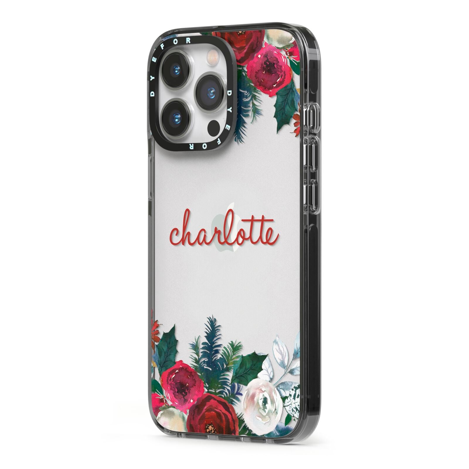 Christmas Flowers Personalised iPhone 13 Pro Black Impact Case Side Angle on Silver phone