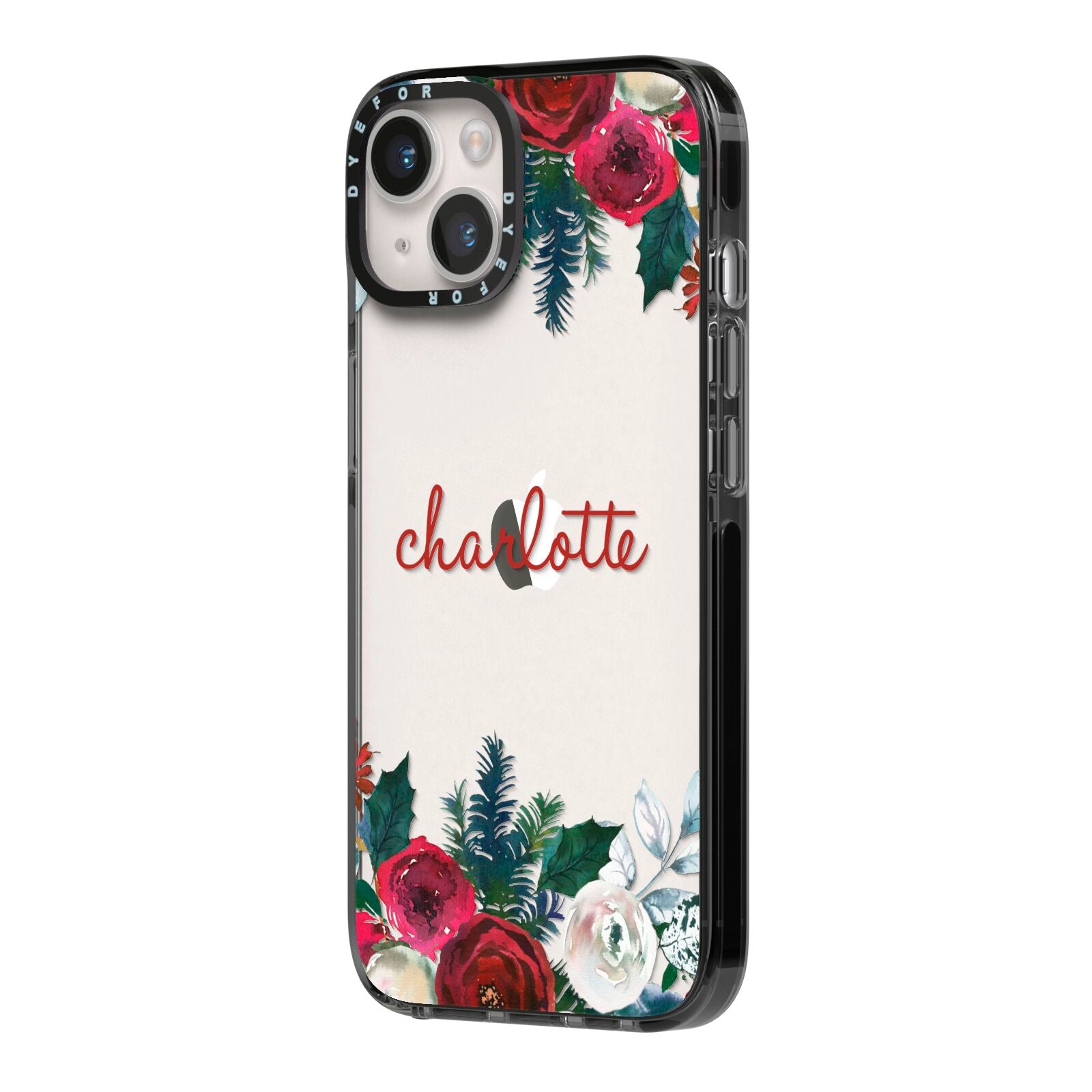 Christmas Flowers Personalised iPhone 14 Black Impact Case Side Angle on Silver phone