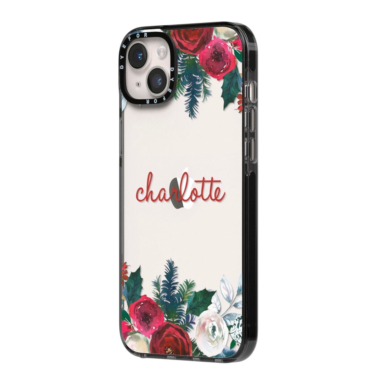 Christmas Flowers Personalised iPhone 14 Plus Black Impact Case Side Angle on Silver phone