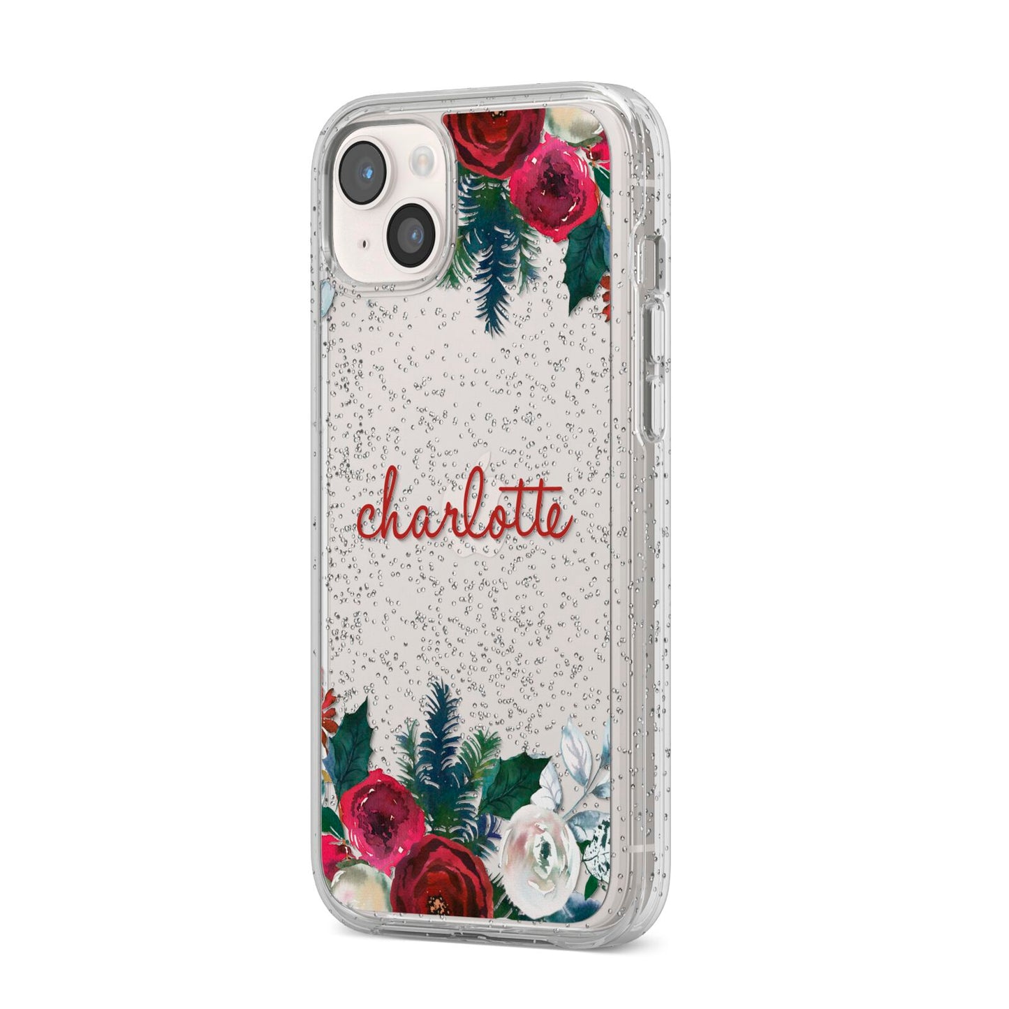 Christmas Flowers Personalised iPhone 14 Plus Glitter Tough Case Starlight Angled Image