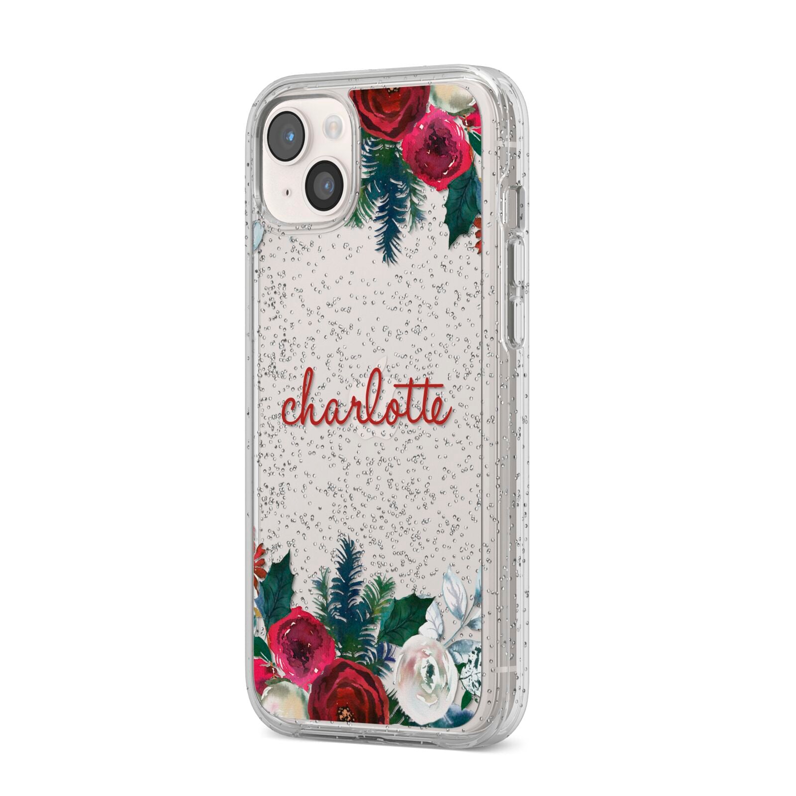 Christmas Flowers Personalised iPhone 14 Plus Glitter Tough Case Starlight Angled Image