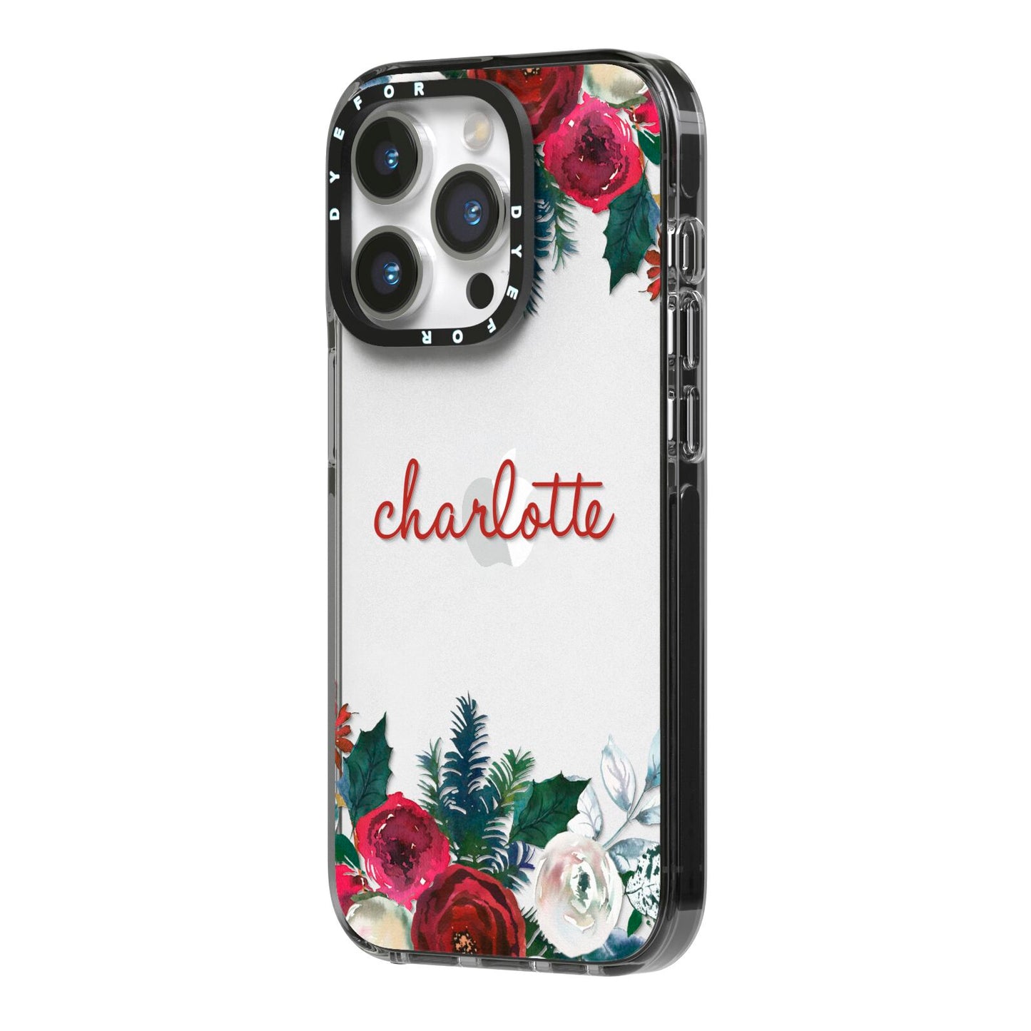 Christmas Flowers Personalised iPhone 14 Pro Black Impact Case Side Angle on Silver phone