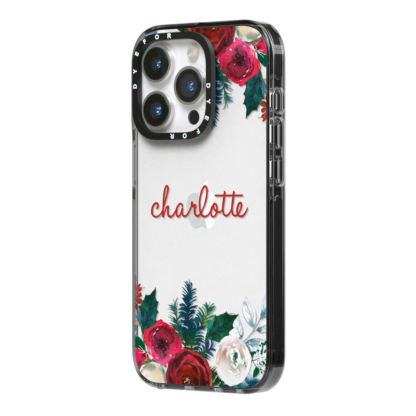 Christmas Flowers Personalised iPhone 14 Pro Black Impact Case Side Angle on Silver phone