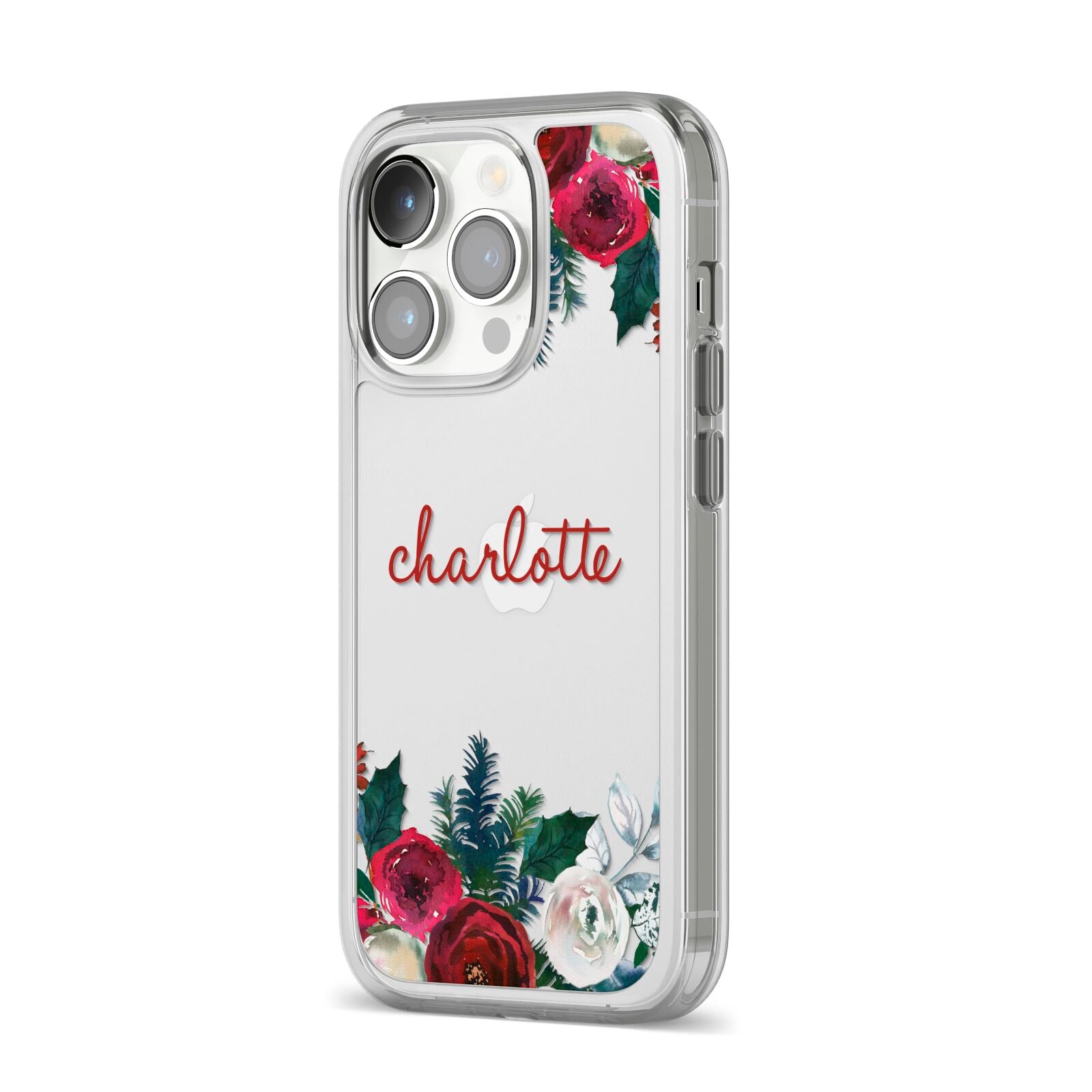 Christmas Flowers Personalised iPhone 14 Pro Clear Tough Case Silver Angled Image