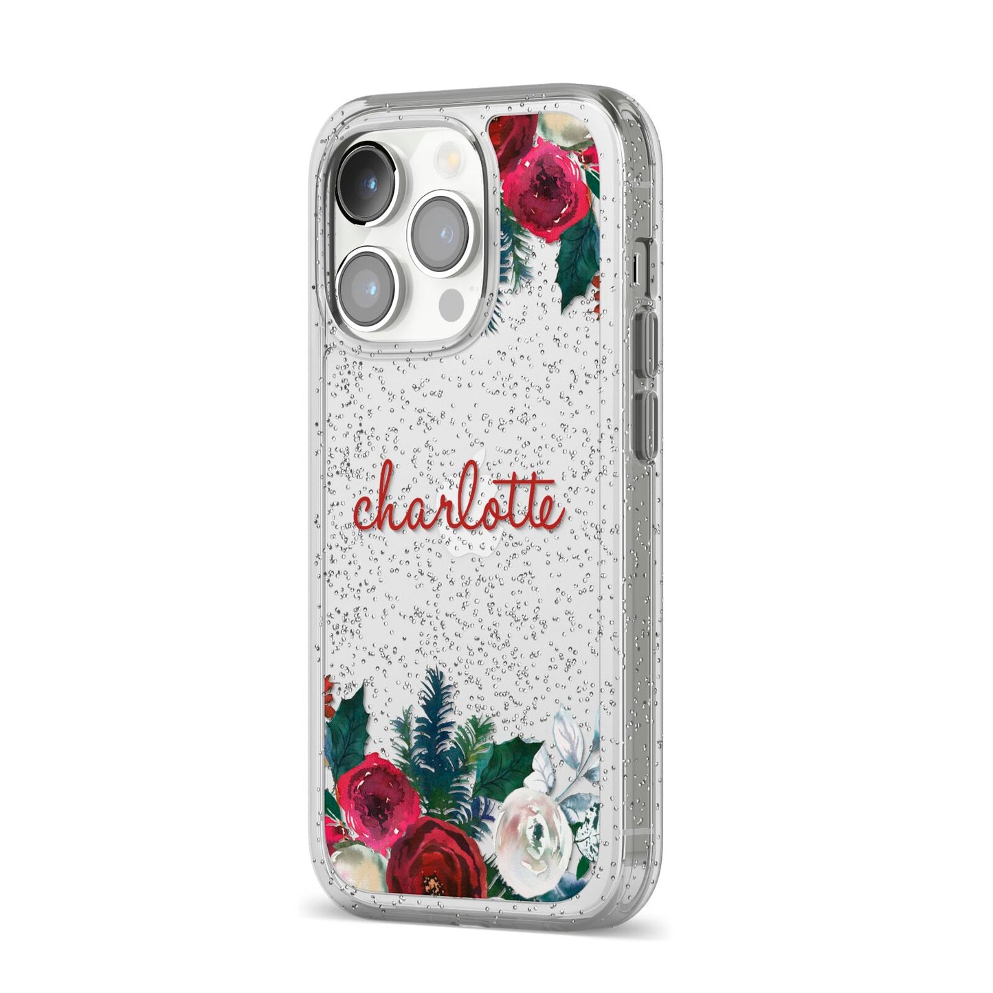 Christmas Flowers Personalised iPhone 14 Pro Glitter Tough Case Silver Angled Image