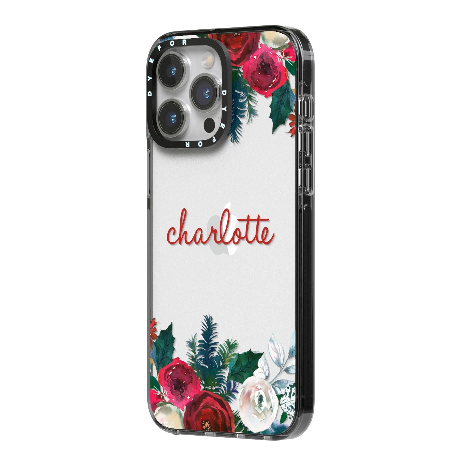 Christmas Flowers Personalised iPhone 14 Pro Max Black Impact Case Side Angle on Silver phone