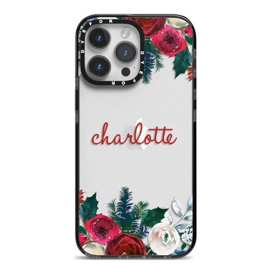 Christmas Flowers Personalised iPhone 14 Pro Max Black Impact Case on Silver phone
