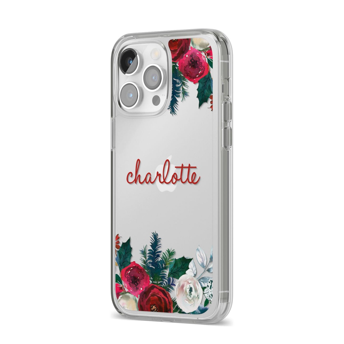 Christmas Flowers Personalised iPhone 14 Pro Max Clear Tough Case Silver Angled Image