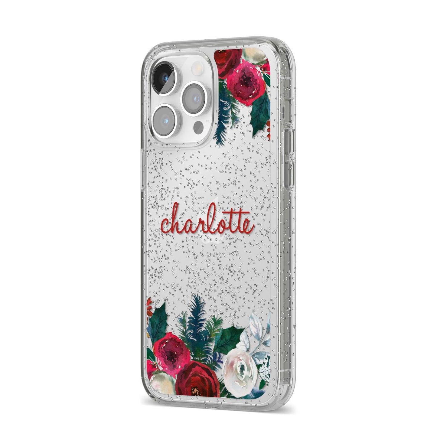 Christmas Flowers Personalised iPhone 14 Pro Max Glitter Tough Case Silver Angled Image