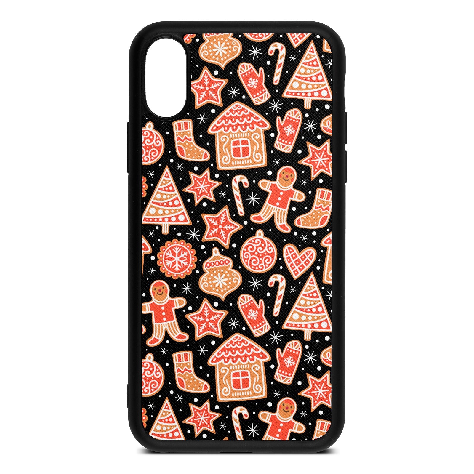 Christmas Gingerbread Black Saffiano Leather iPhone Xs Case