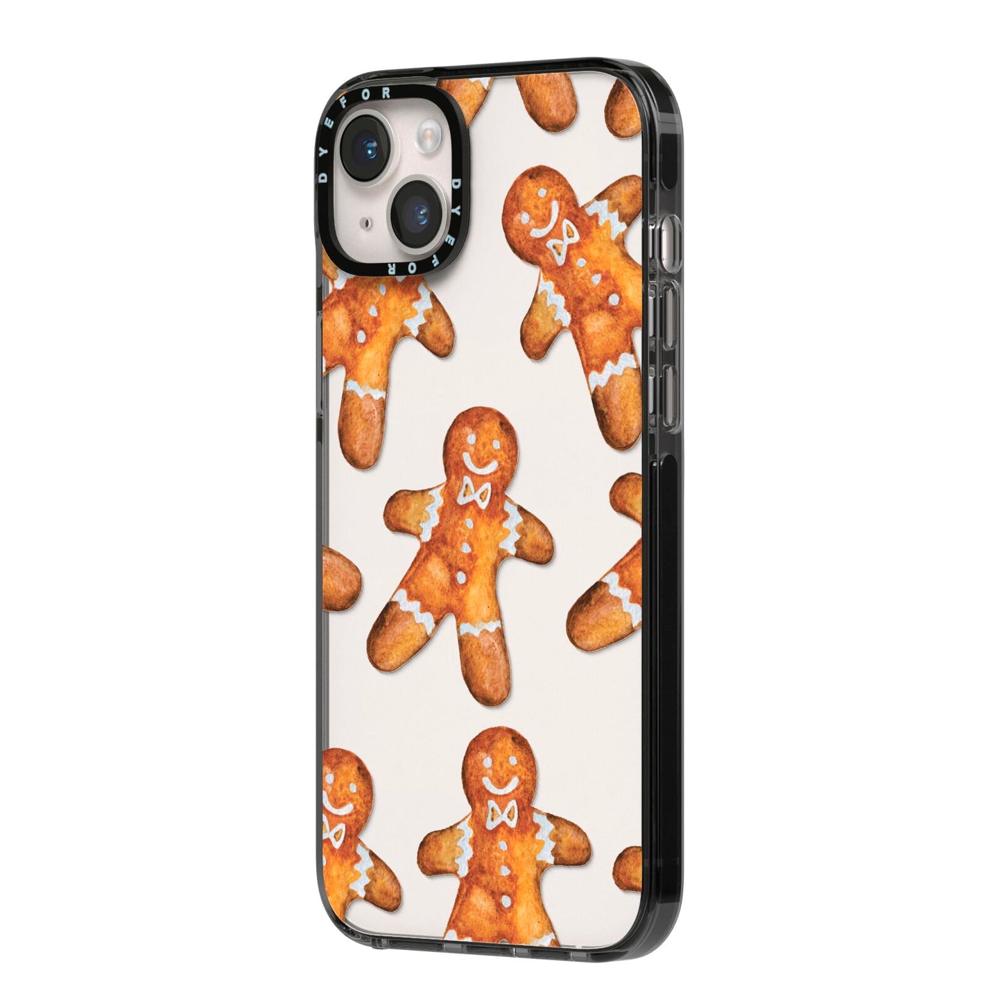 Christmas Gingerbread Man iPhone 14 Plus Black Impact Case Side Angle on Silver phone