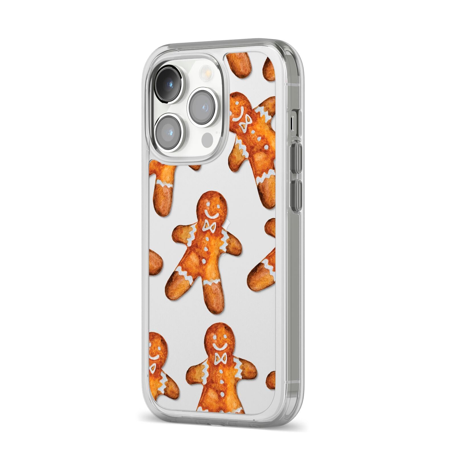 Christmas Gingerbread Man iPhone 14 Pro Clear Tough Case Silver Angled Image